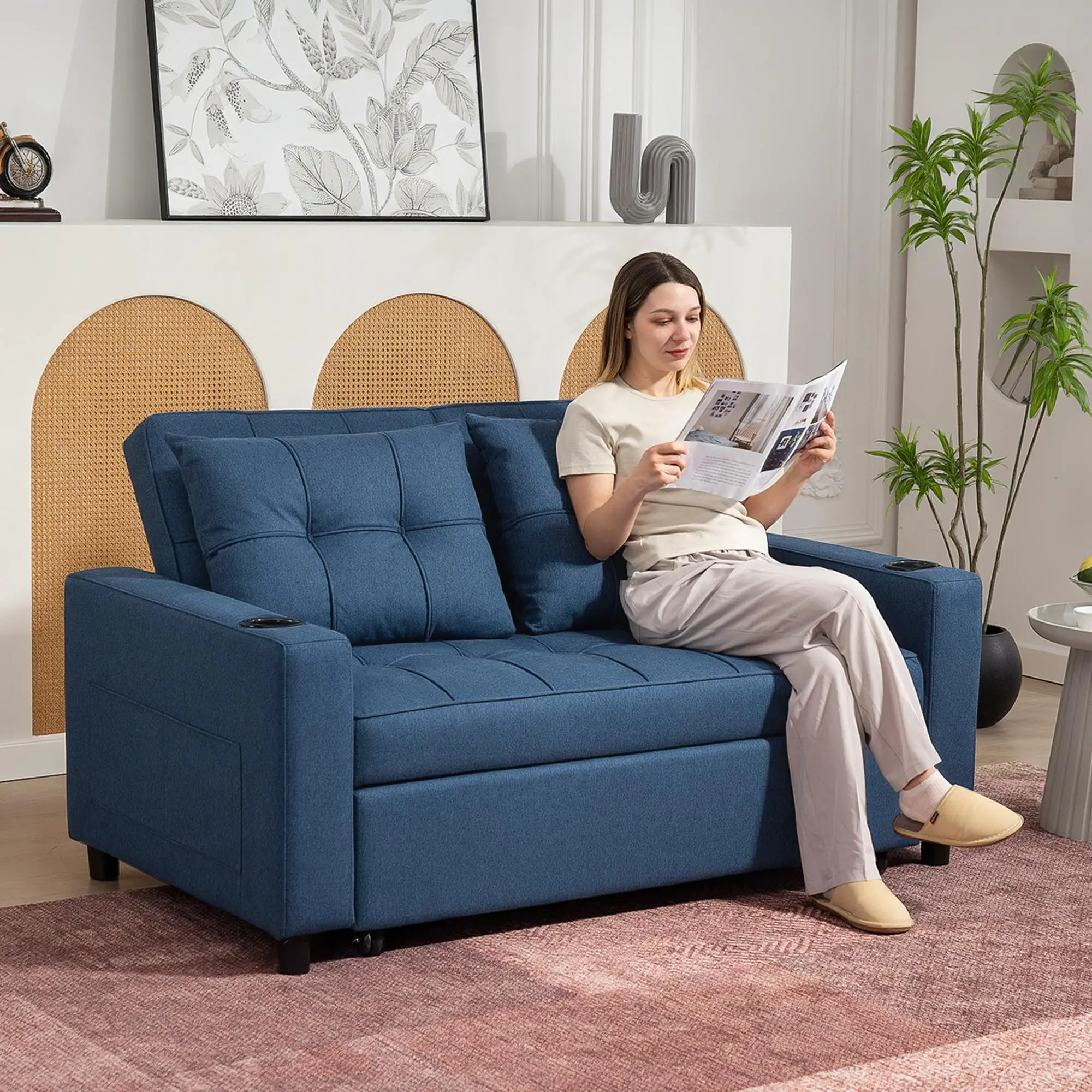 Linen Sofa Bed 157 x 90 x 91cm - Dark Blue - 2