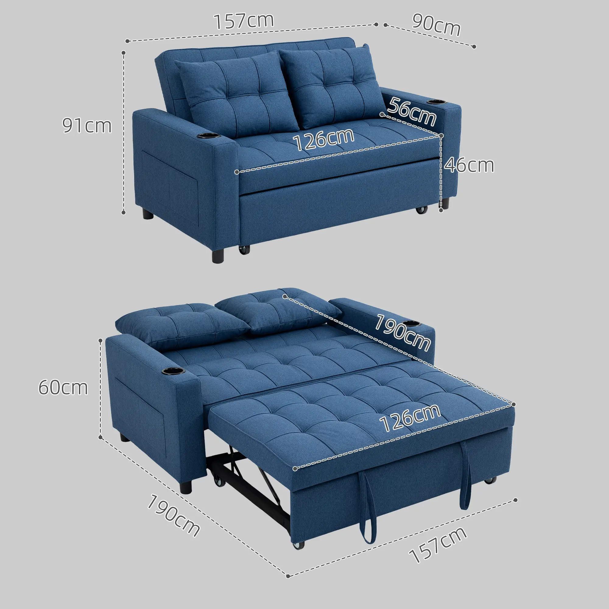 Linen Sofa Bed 157 x 90 x 91cm - Dark Blue - 3
