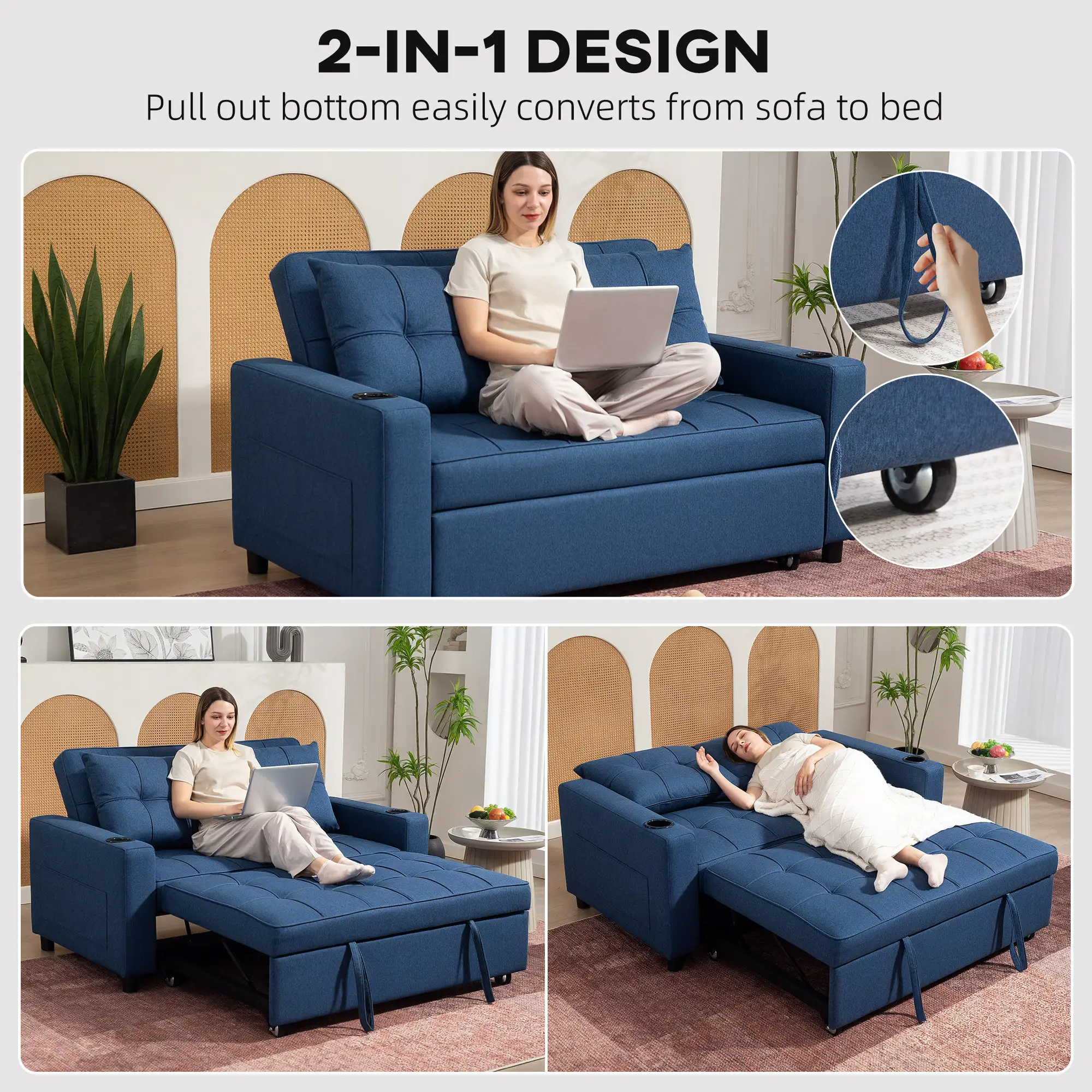 Linen Sofa Bed 157 x 90 x 91cm - Dark Blue - 4