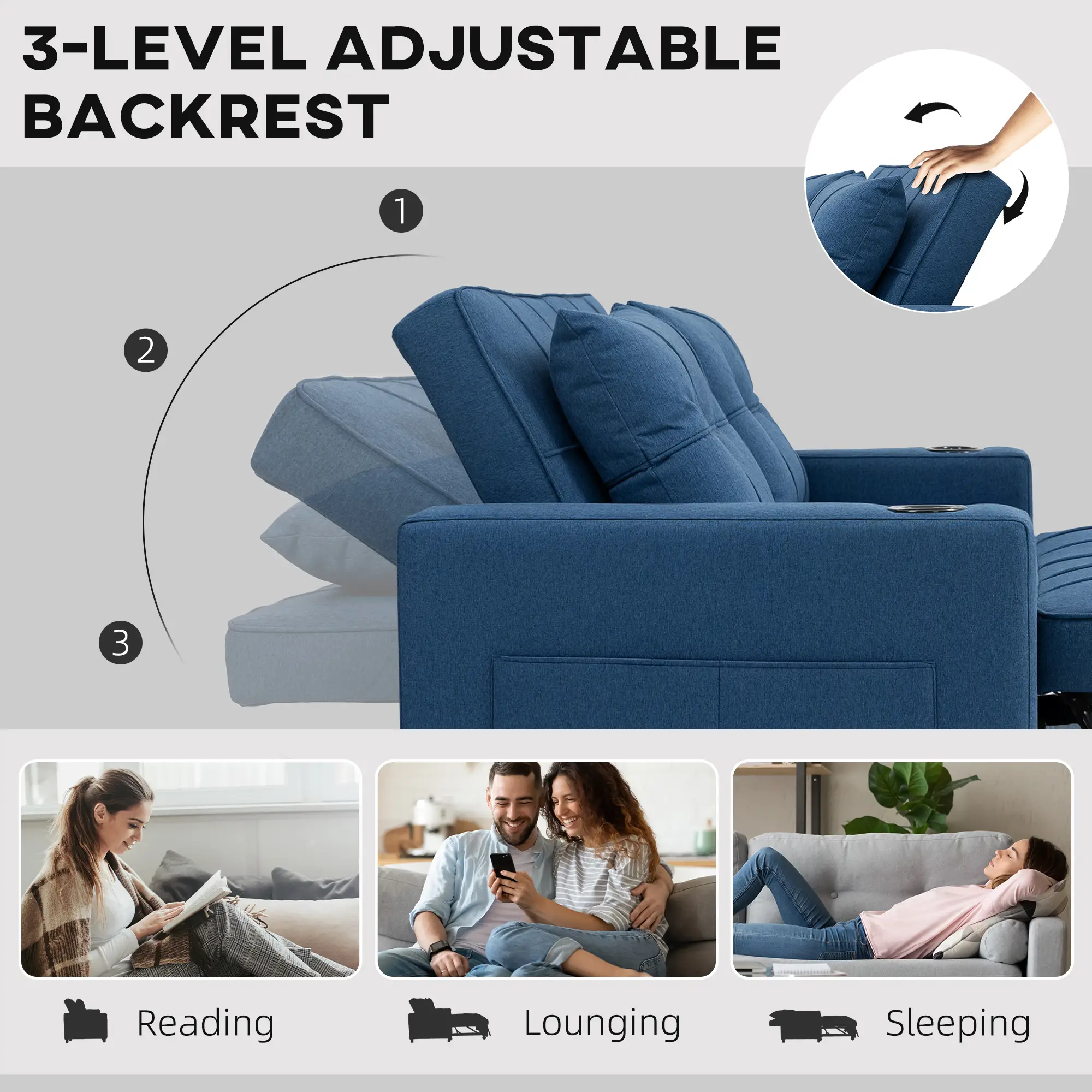 Linen Sofa Bed 157 x 90 x 91cm - Dark Blue - 5