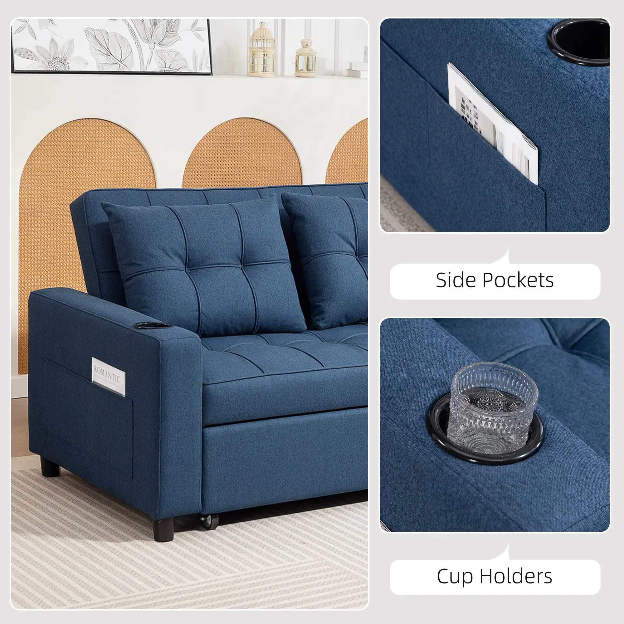 Linen Sofa Bed 157 x 90 x 91cm - Dark Blue - 7