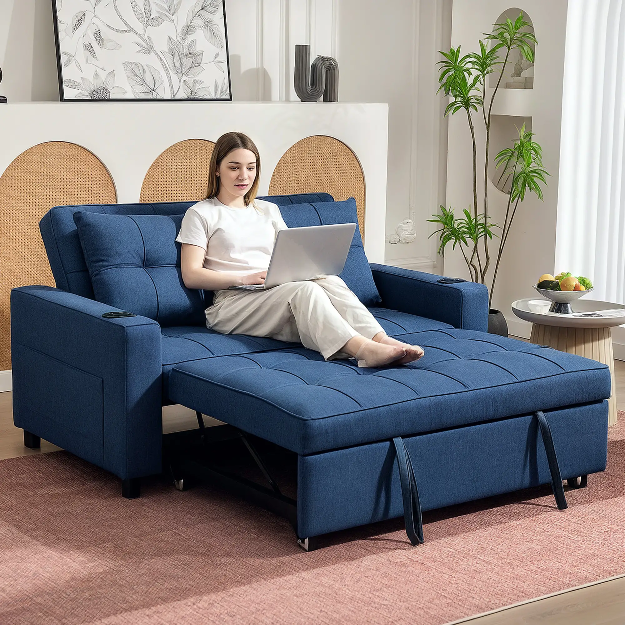 Linen Sofa Bed 157 x 90 x 91cm - Dark Blue - 9