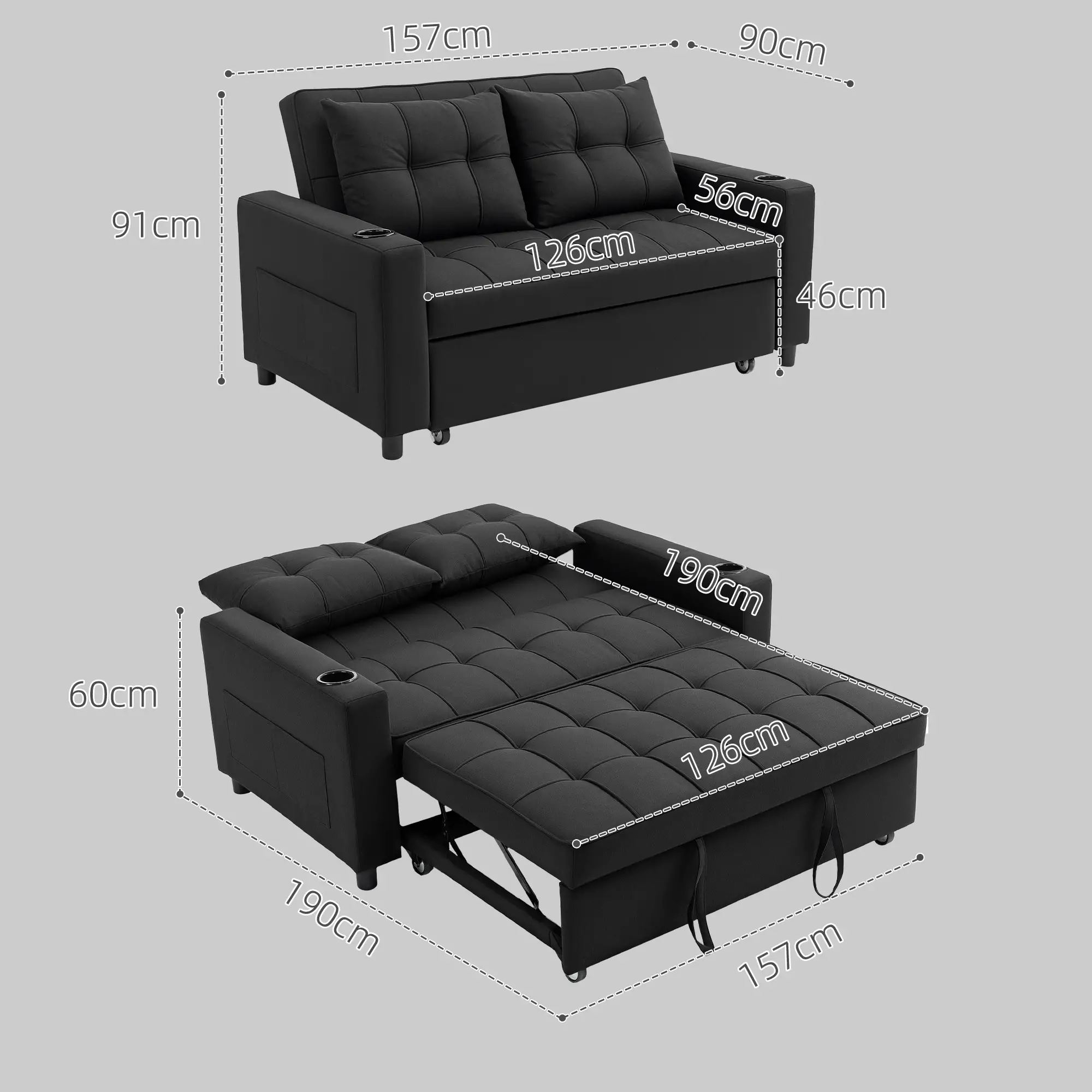 Linen Sofa Bed 157 x 90 x 91cm - Black - 3