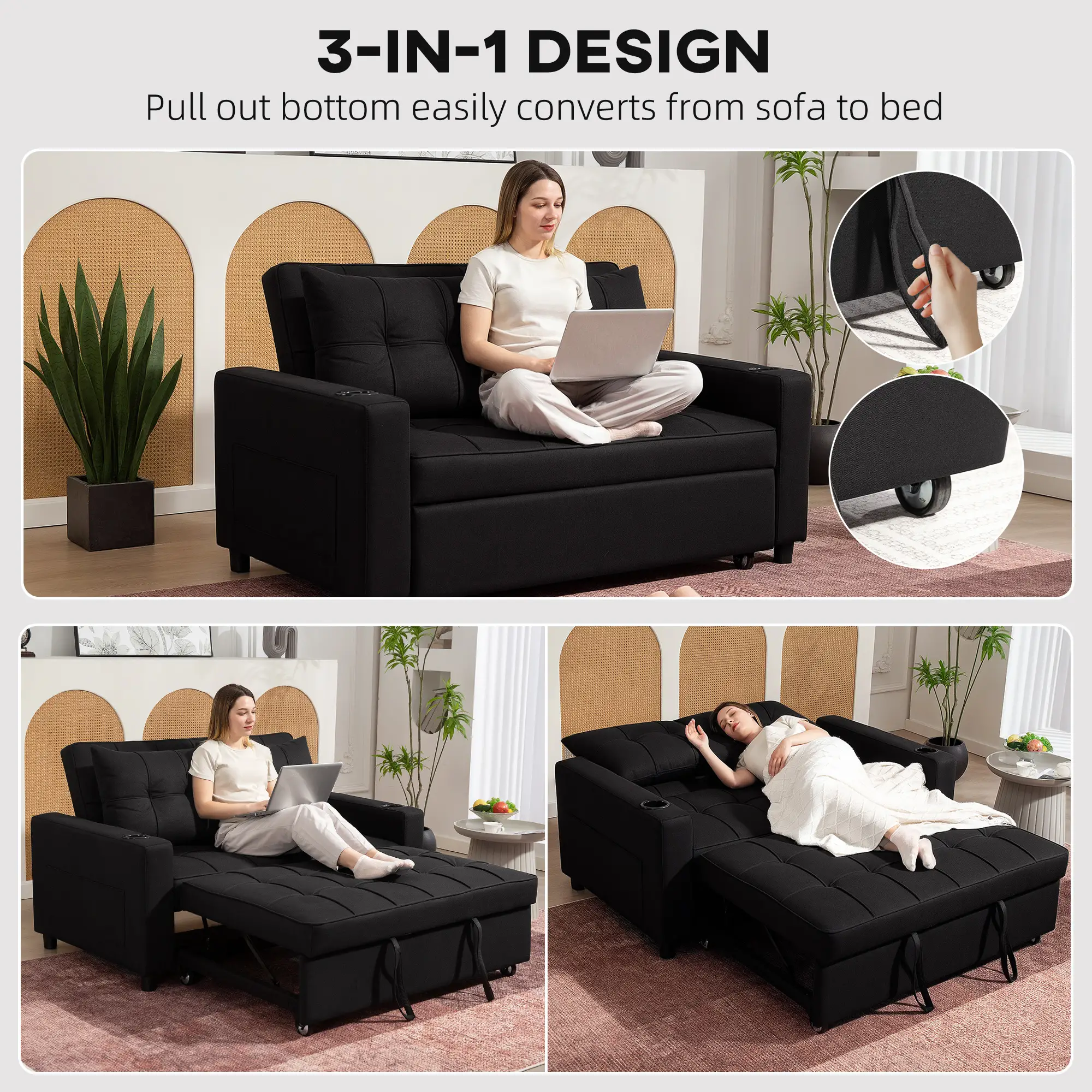 Linen Sofa Bed 157 x 90 x 91cm - Black - 4