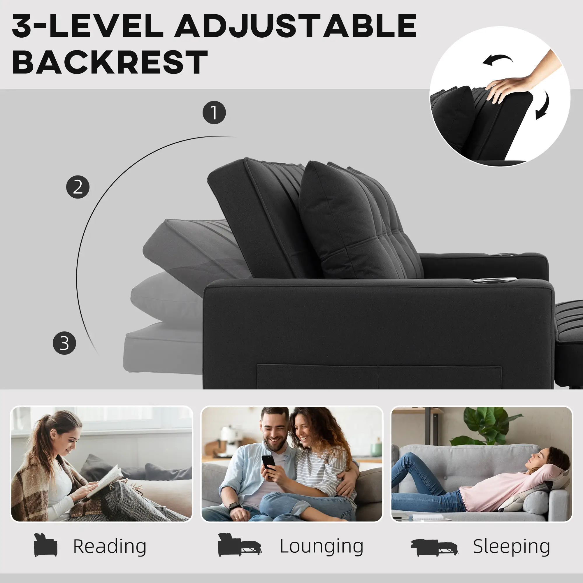 Linen Sofa Bed 157 x 90 x 91cm - Black - 5