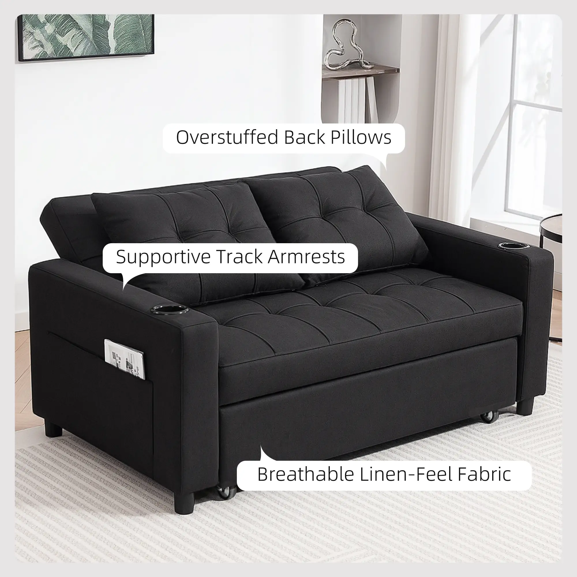 Linen Sofa Bed 157 x 90 x 91cm - Black - 6