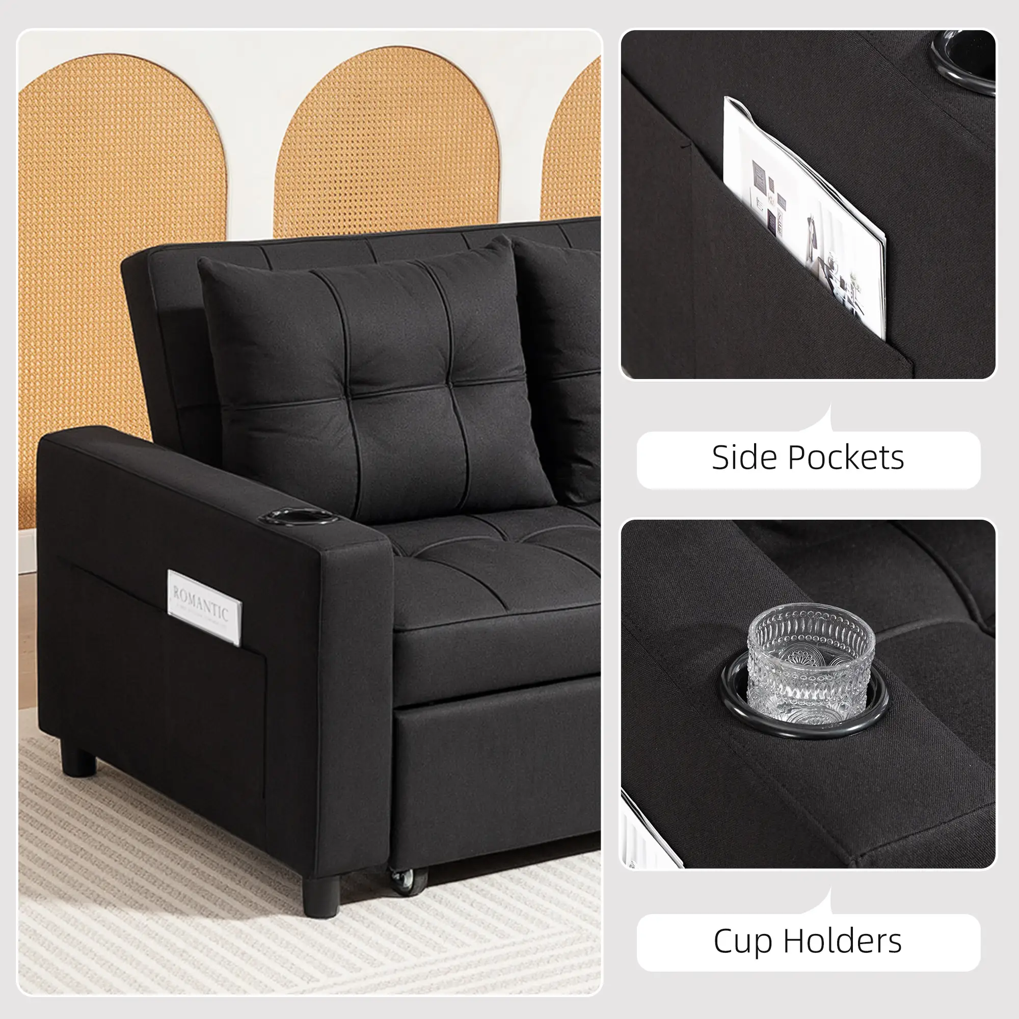Linen Sofa Bed 157 x 90 x 91cm - Black - 7