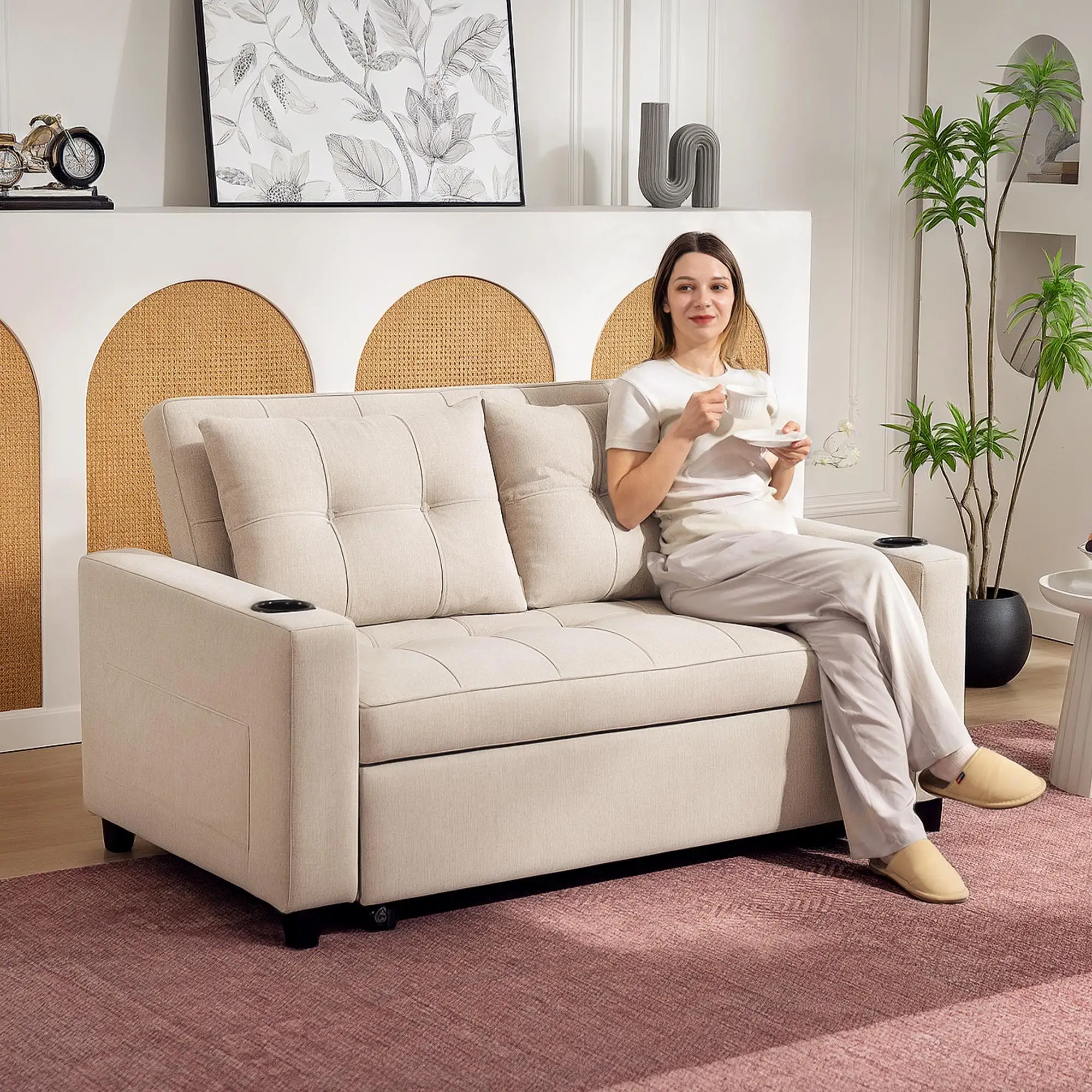 Linen Sofa Bed 157 x 90 x 91cm - Beige - 2