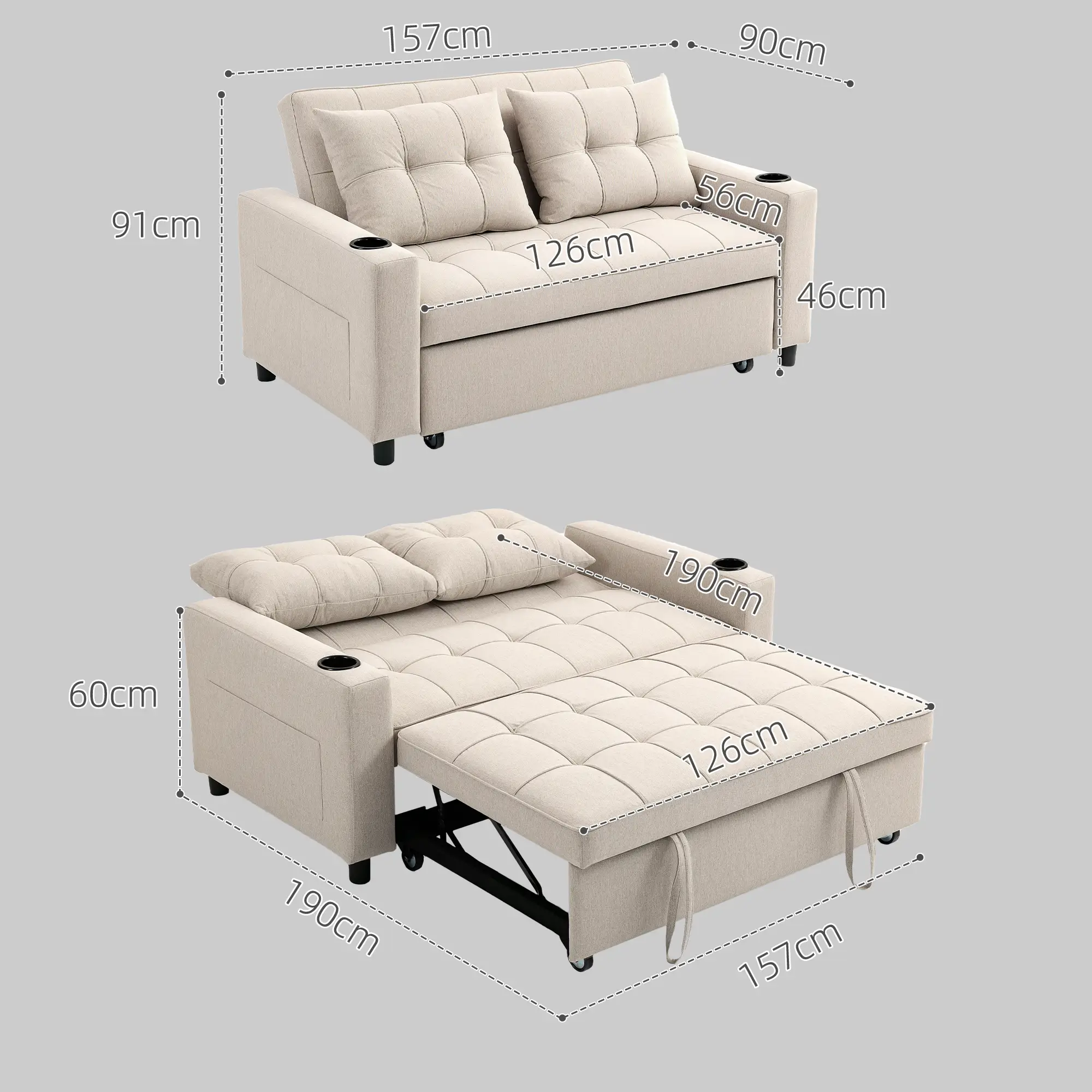 Linen Sofa Bed 157 x 90 x 91cm - Beige - 3
