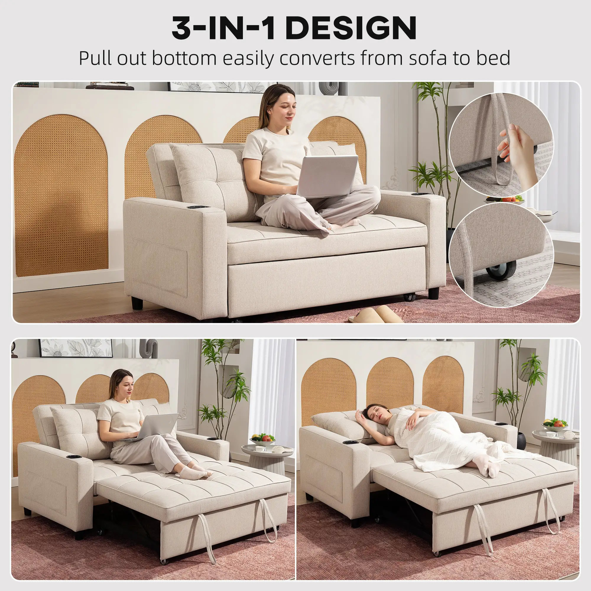 Linen Sofa Bed 157 x 90 x 91cm - Beige - 4