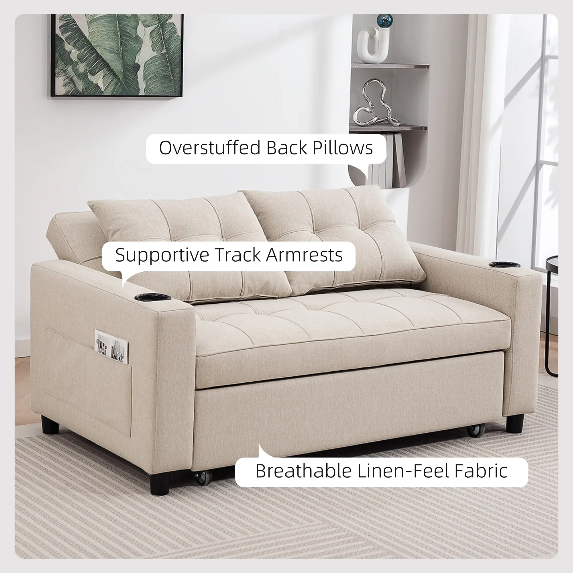 Linen Sofa Bed 157 x 90 x 91cm - Beige - 6