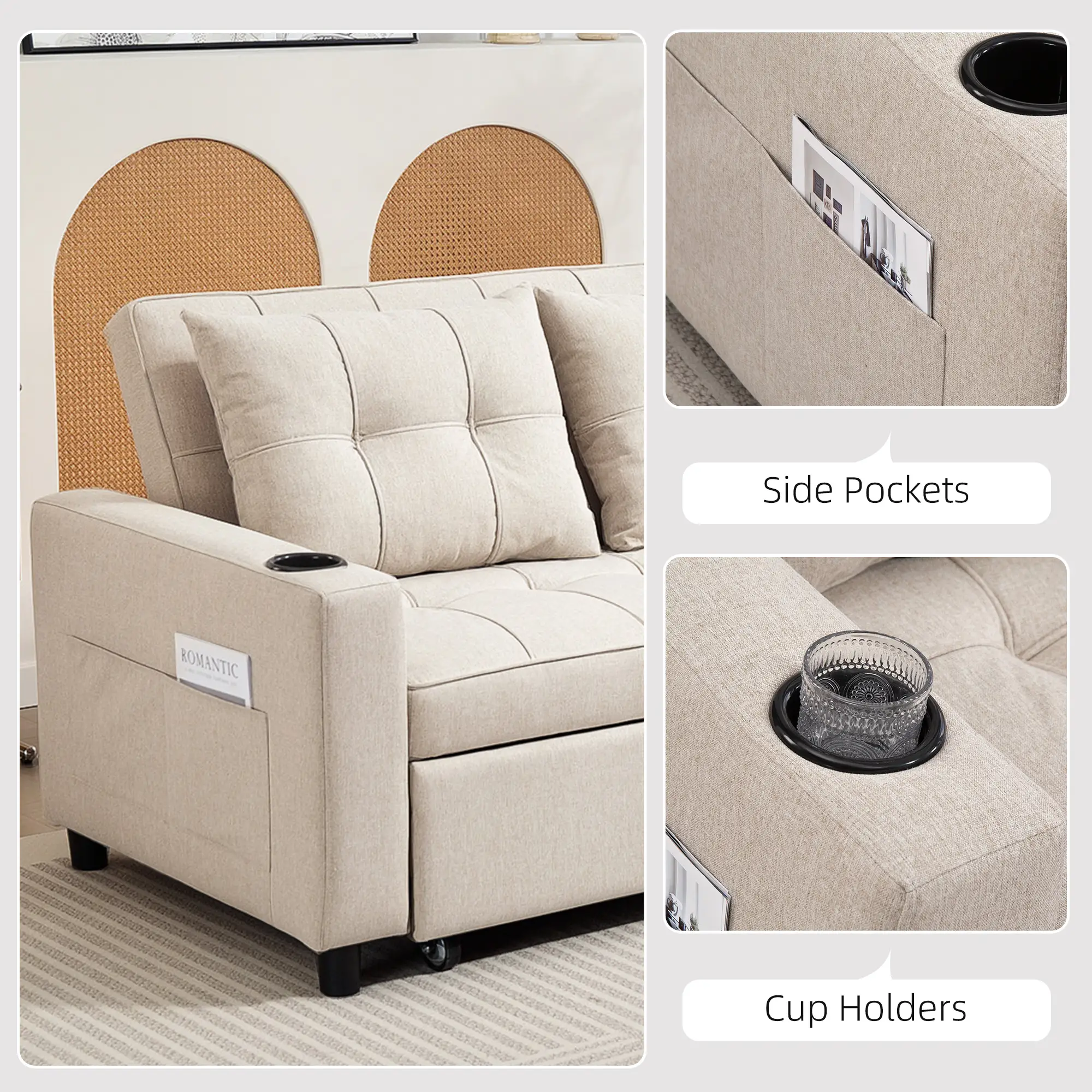 Linen Sofa Bed 157 x 90 x 91cm - Beige - 7