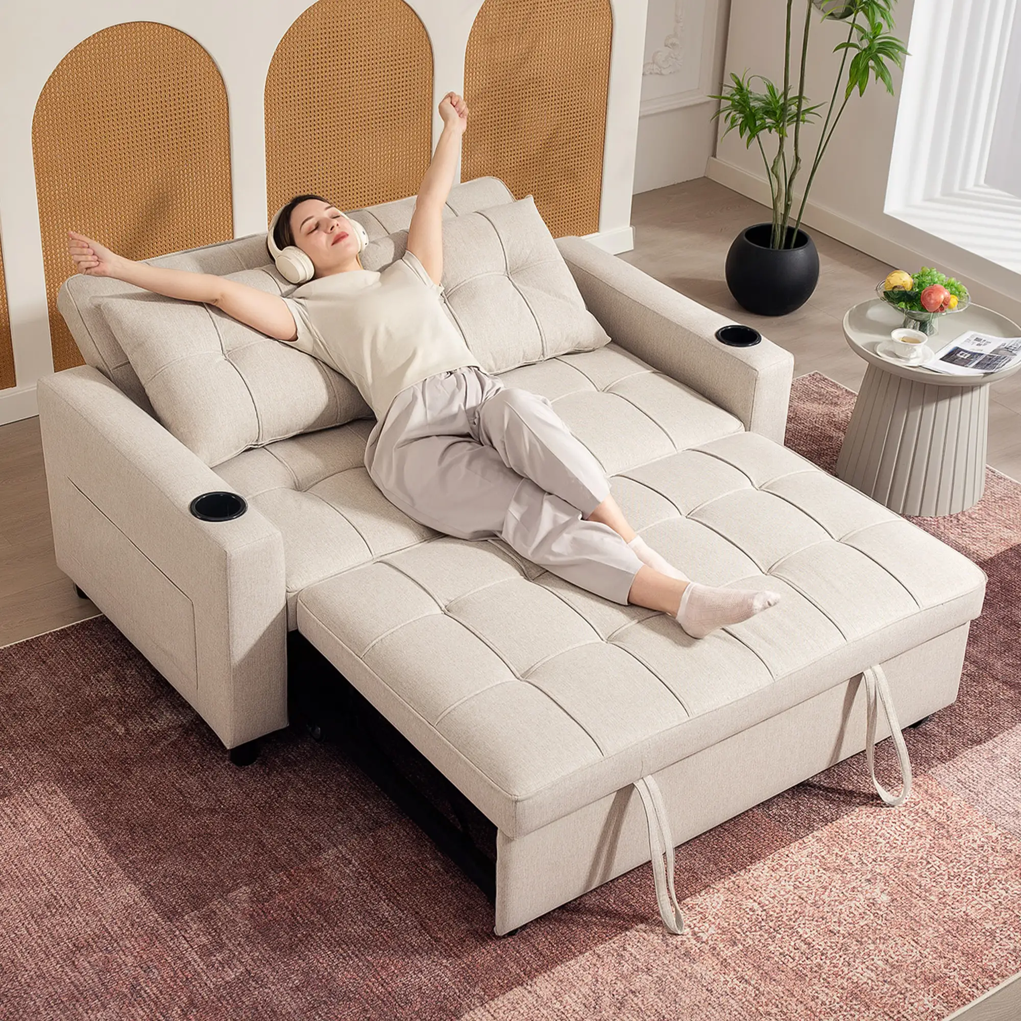 Linen Sofa Bed 157 x 90 x 91cm - Beige - 8