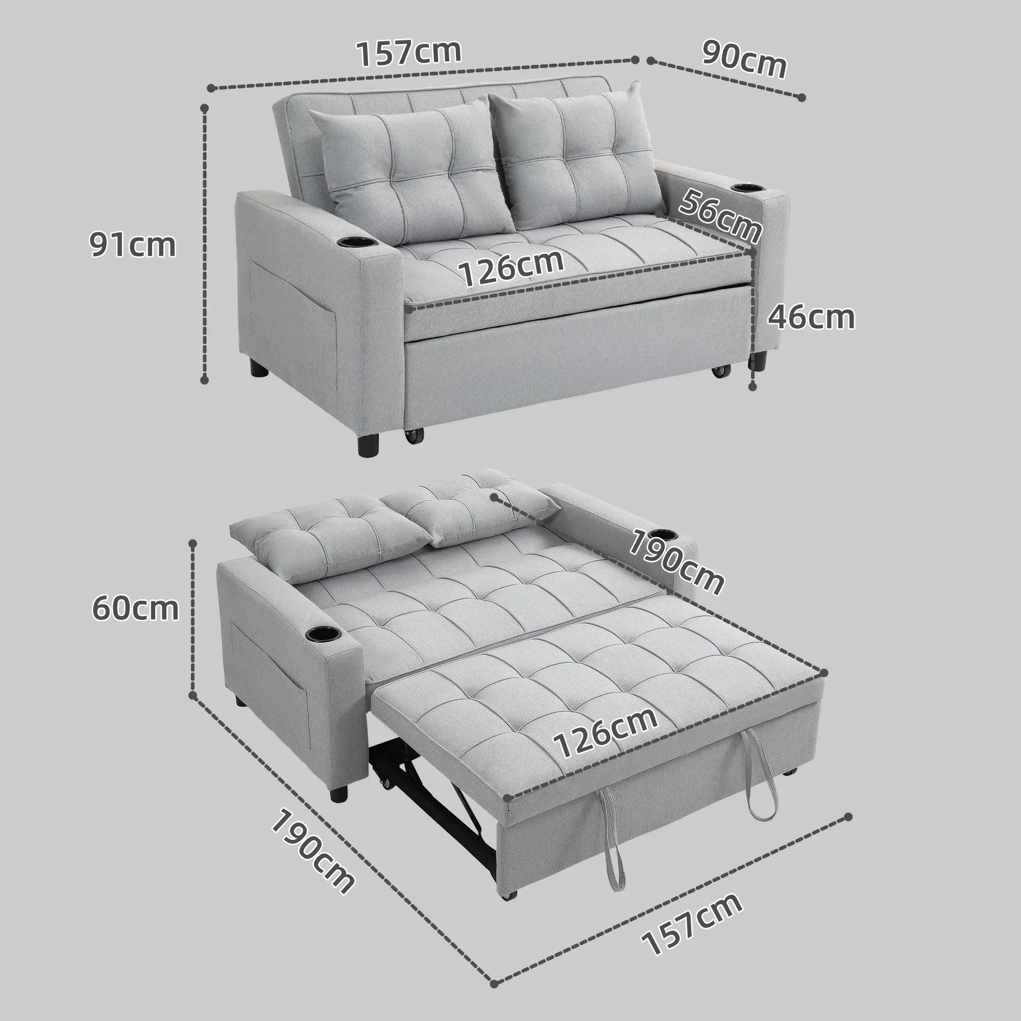 Linen Sofa Bed 157 x 90 x 91cm - Light Grey - 3