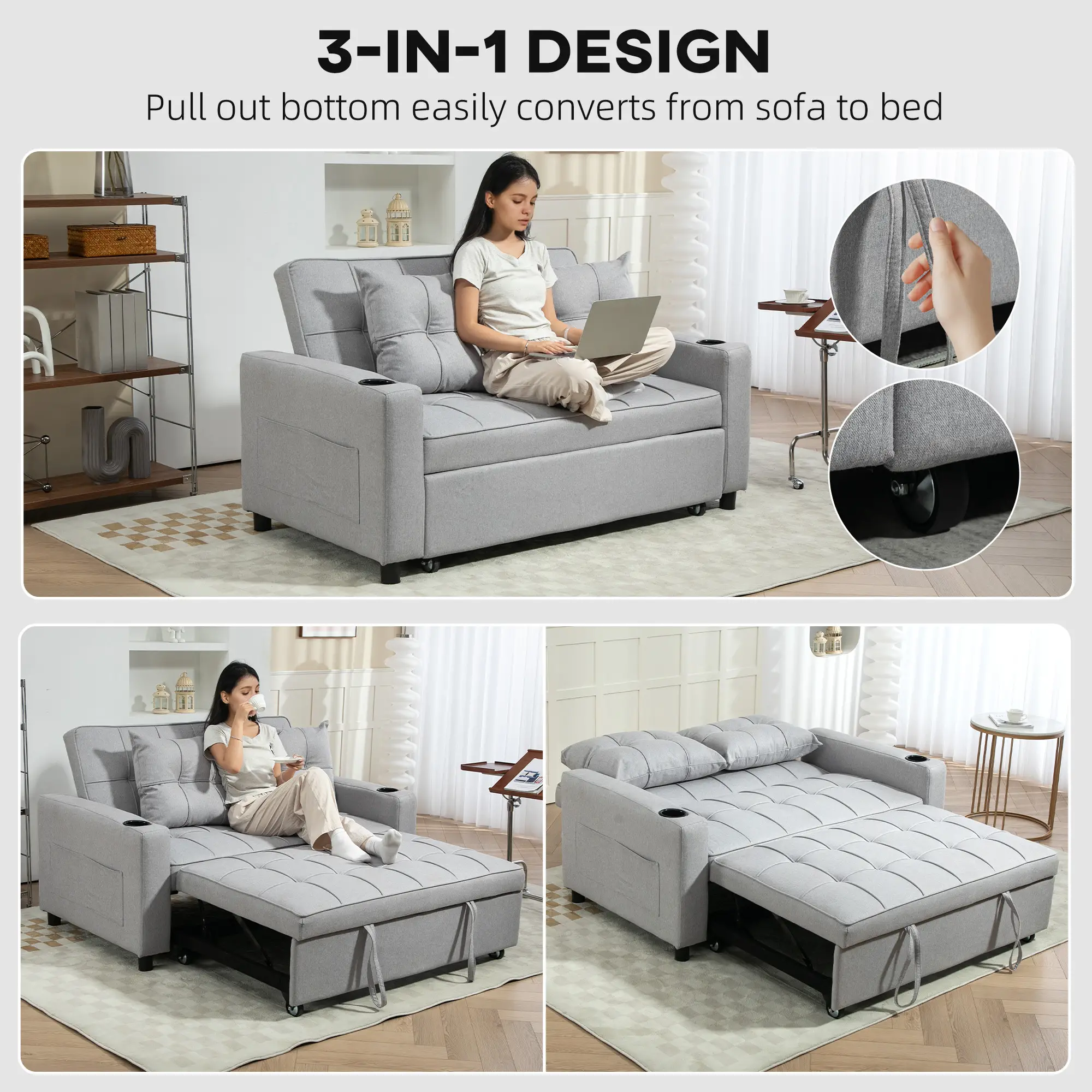Linen Sofa Bed 157 x 90 x 91cm - Light Grey - 4