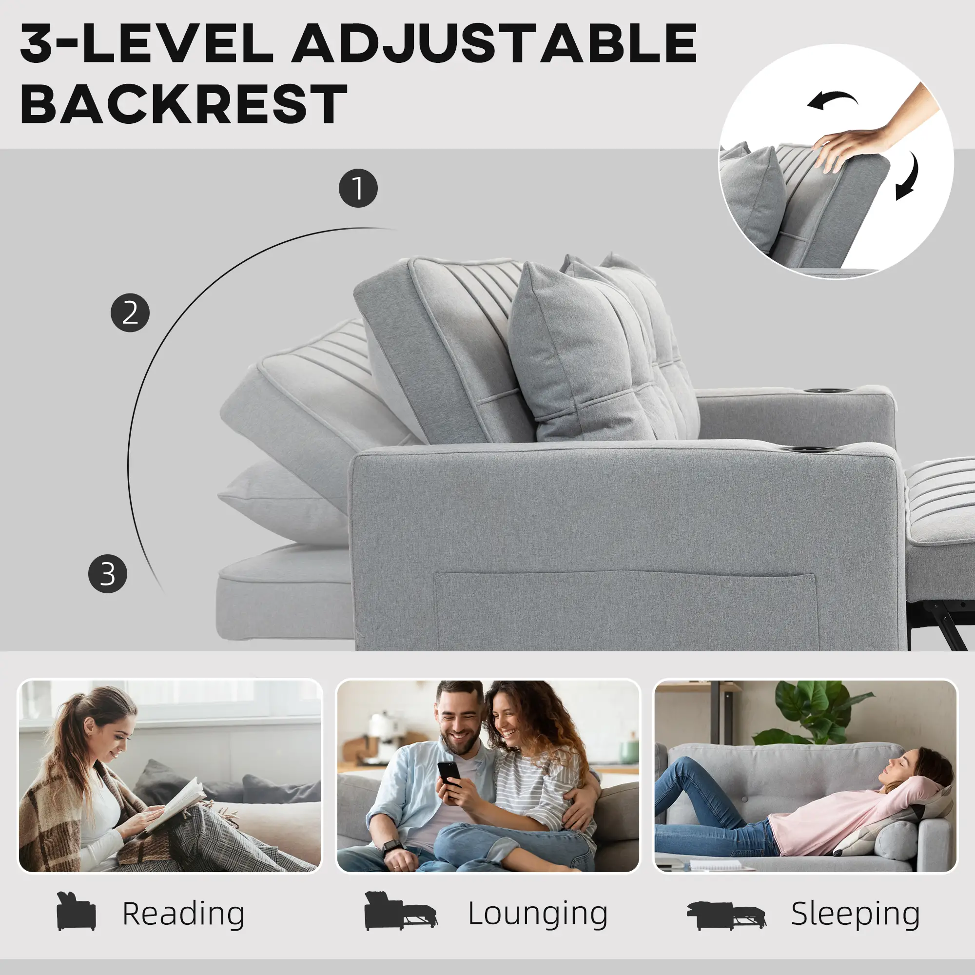 Linen Sofa Bed 157 x 90 x 91cm - Light Grey - 5