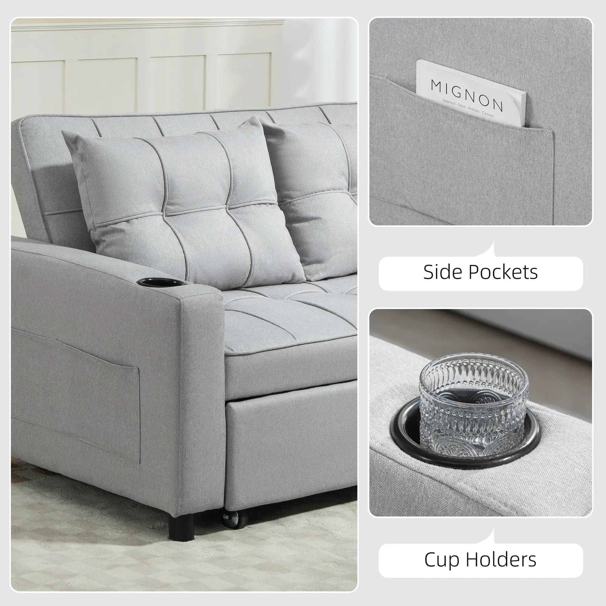 Linen Sofa Bed 157 x 90 x 91cm - Light Grey - 7