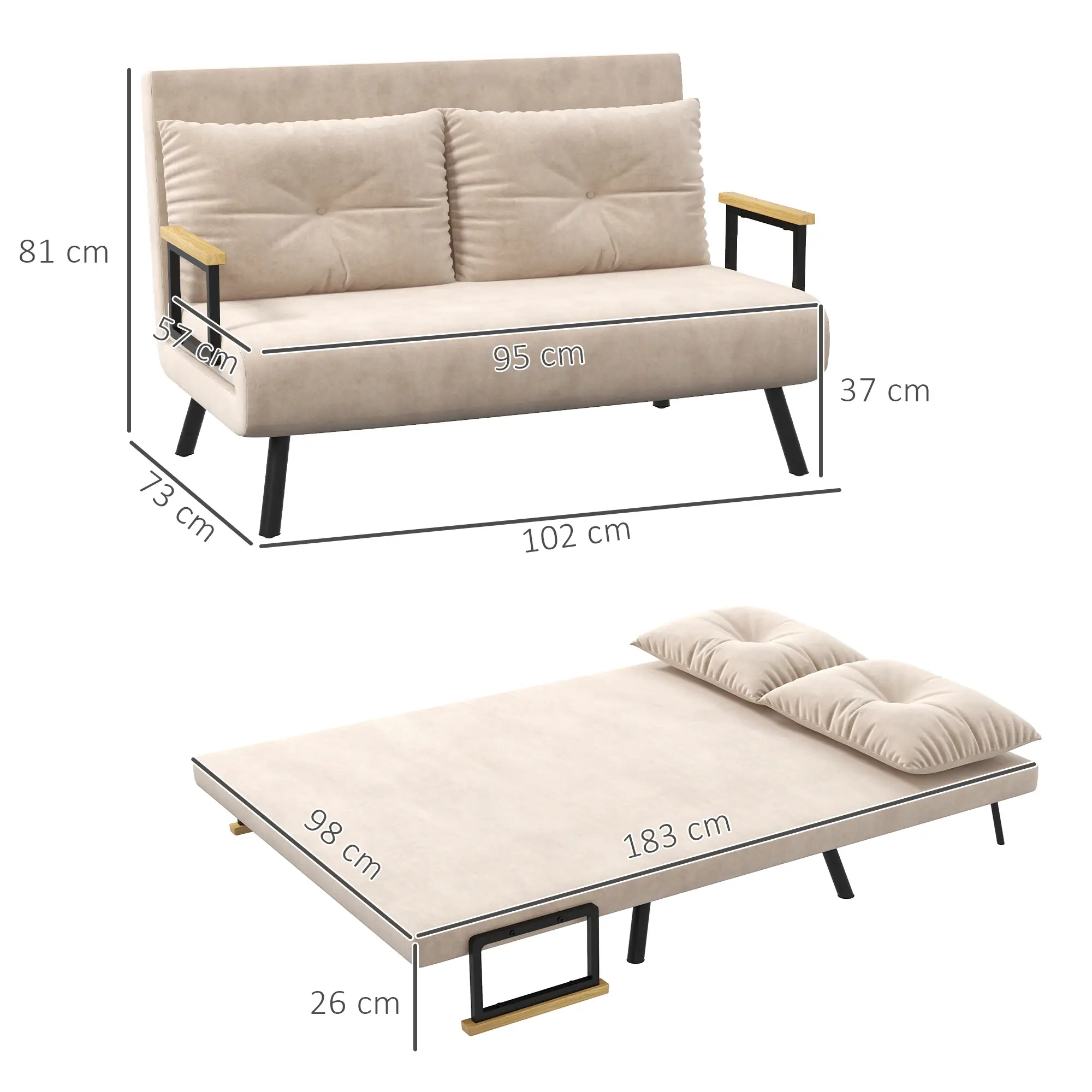 Velvet Sofa Bed 102 x 73 x 81cm - Beige - 3