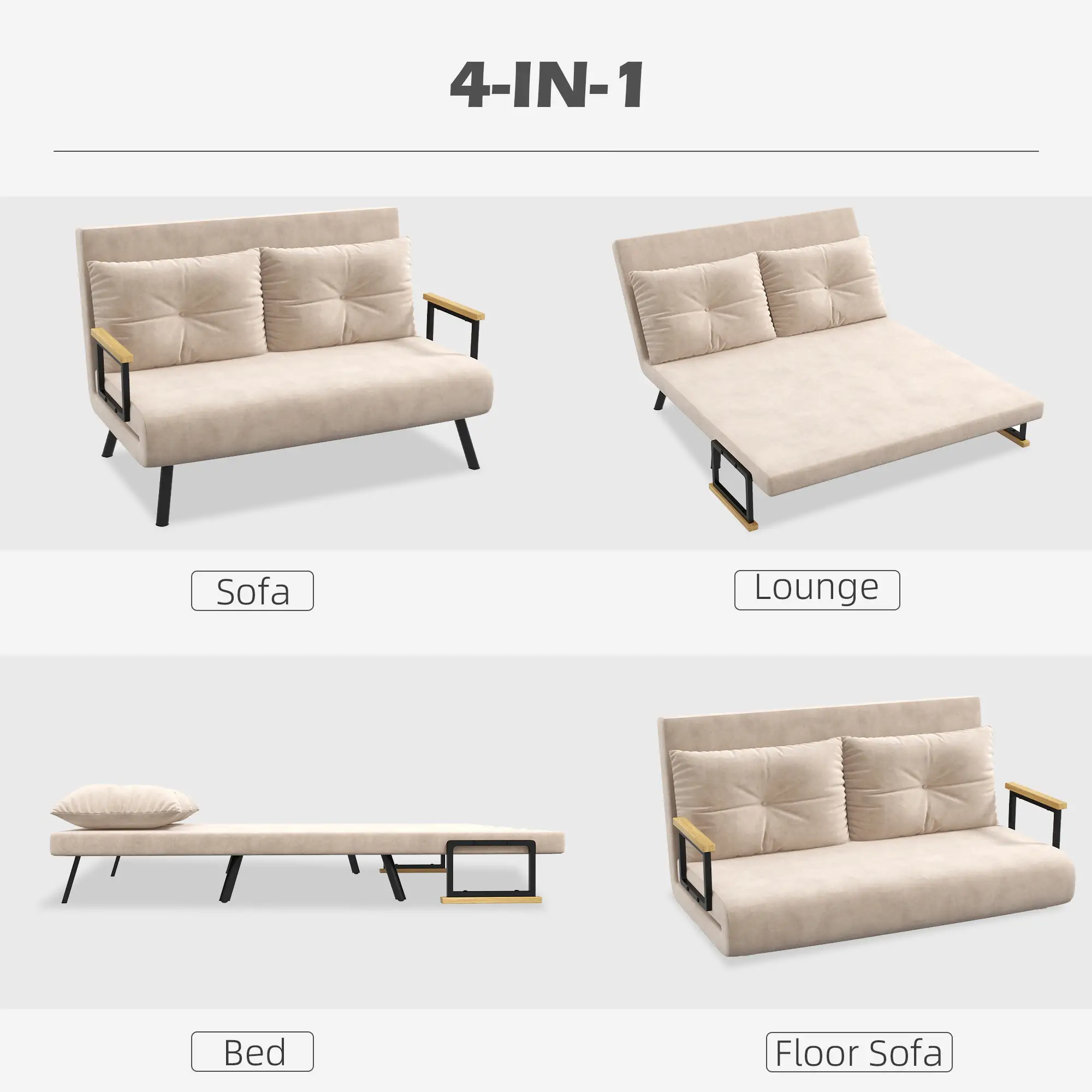 Velvet Sofa Bed 102 x 73 x 81cm - Beige - 4