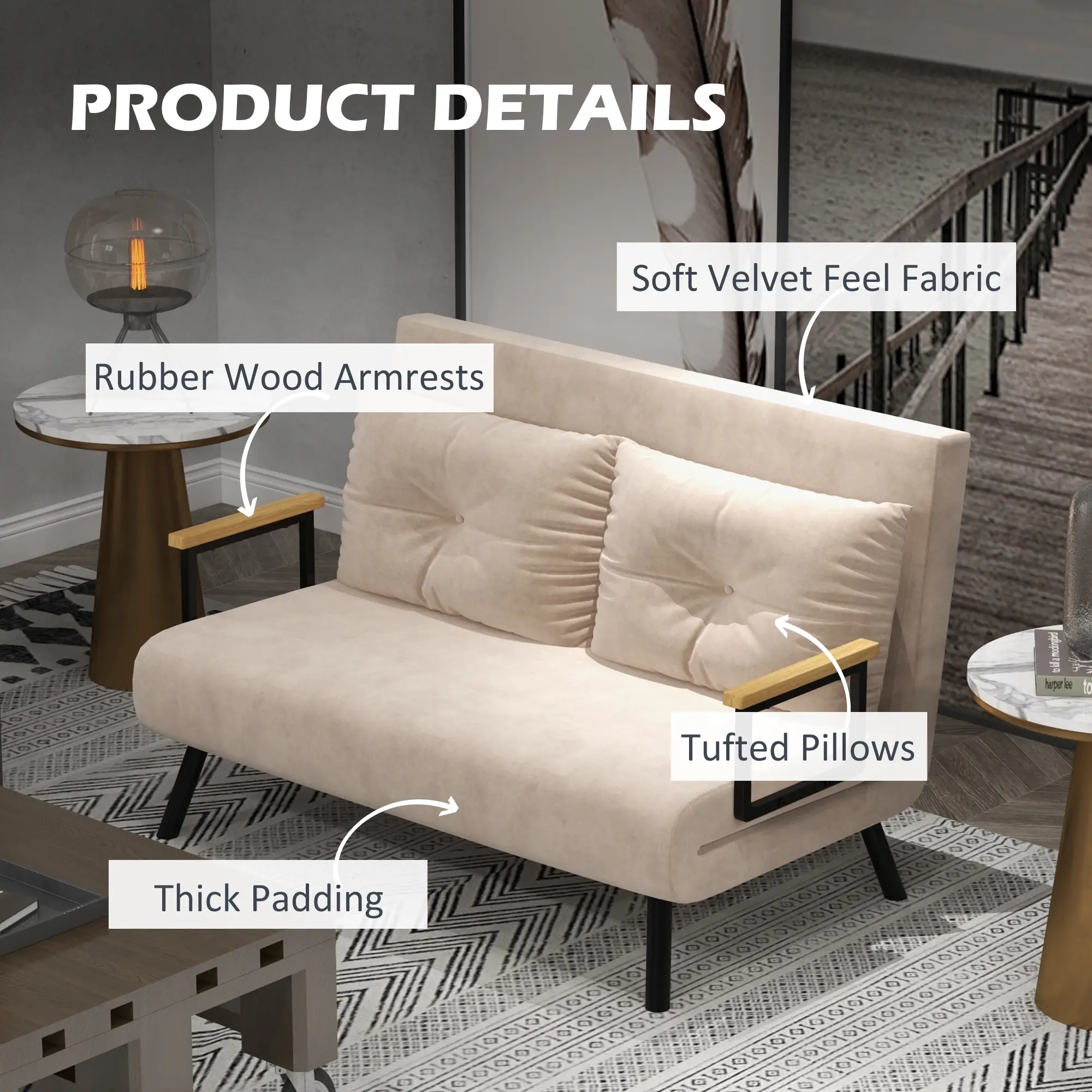Velvet Sofa Bed 102 x 73 x 81cm - Beige - 6