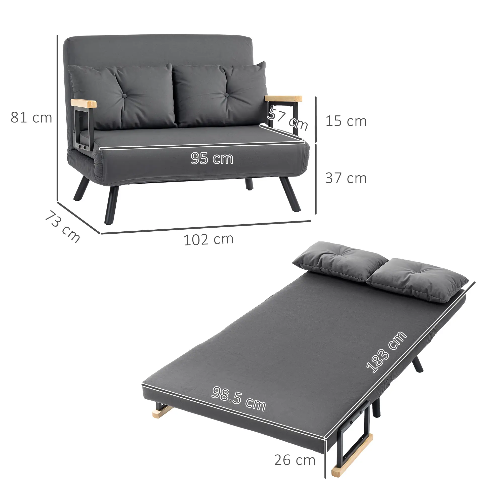 Velvet Sofa Bed 102 x 73 x 81cm - Dark Grey - 3