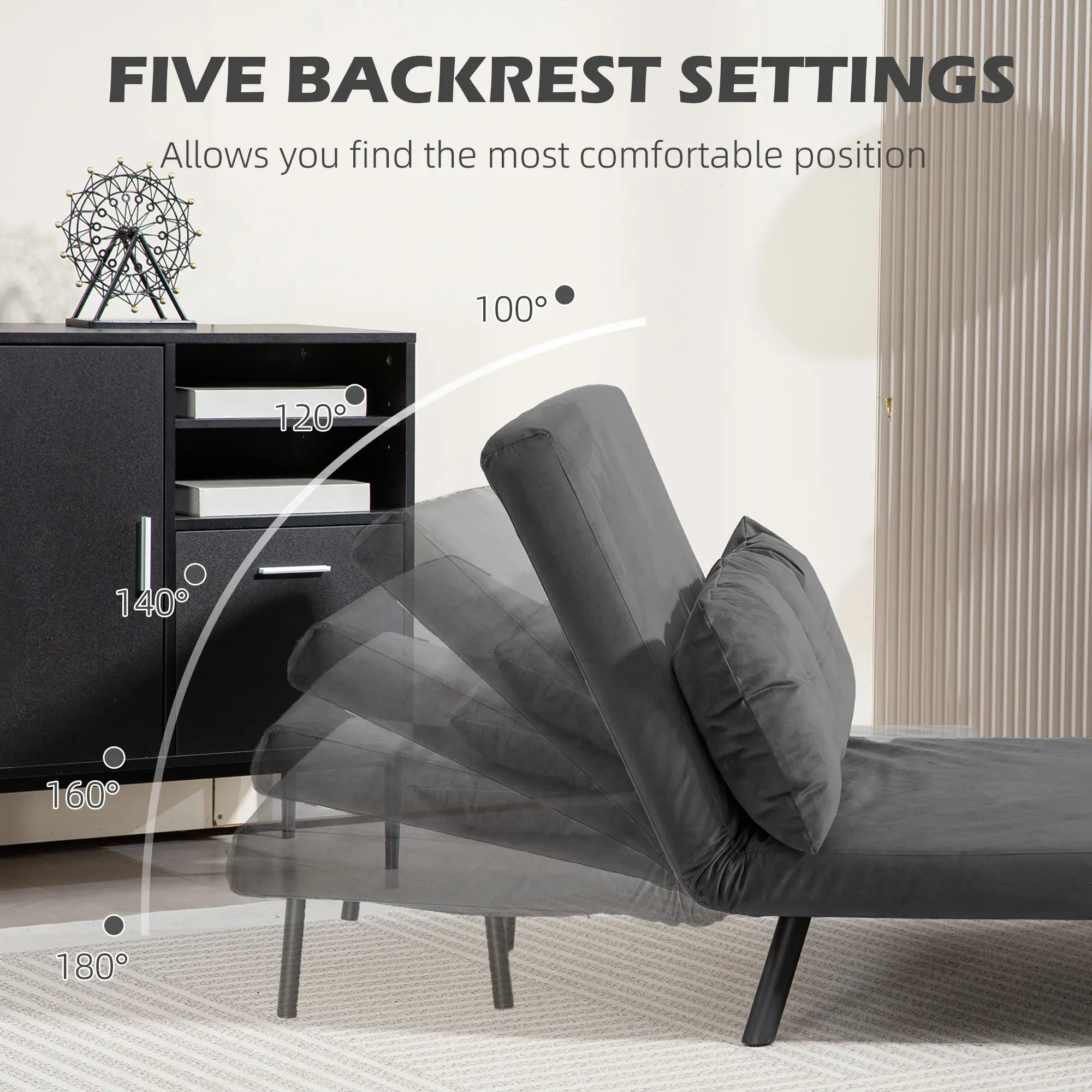 Velvet Sofa Bed 102 x 73 x 81cm - Dark Grey - 5