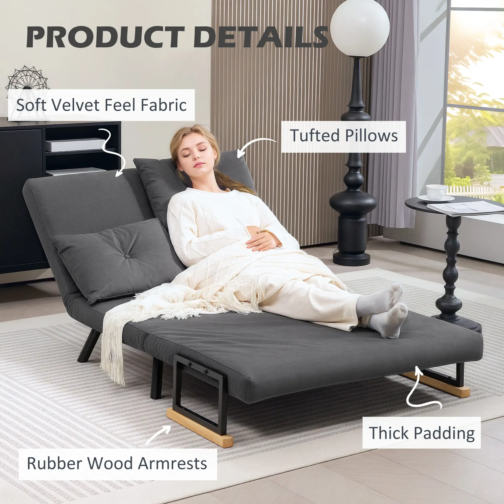 Velvet Sofa Bed 102 x 73 x 81cm - Dark Grey - 6