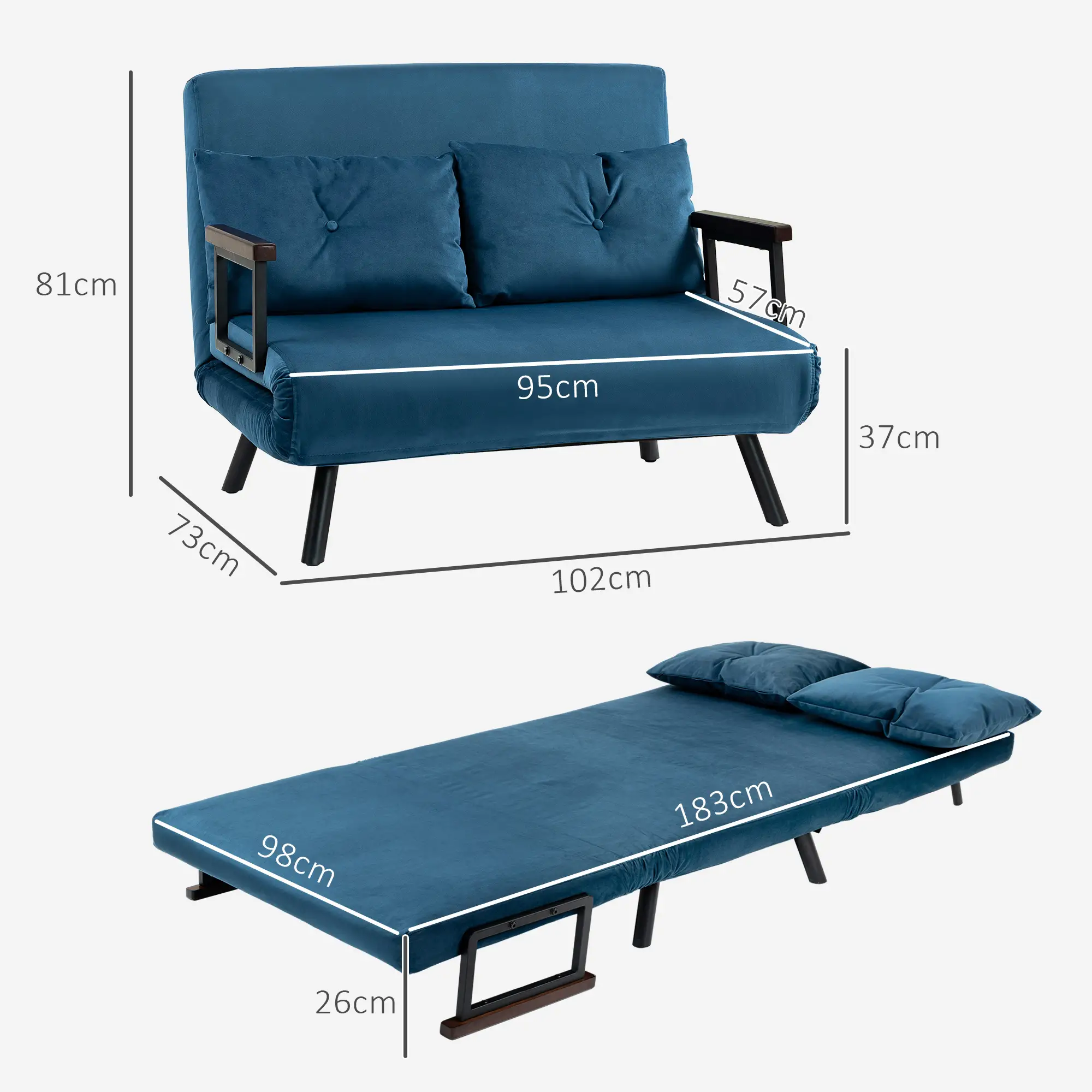 Velvet Sofa Bed 102 x 73 x 81cm - Blue - 3