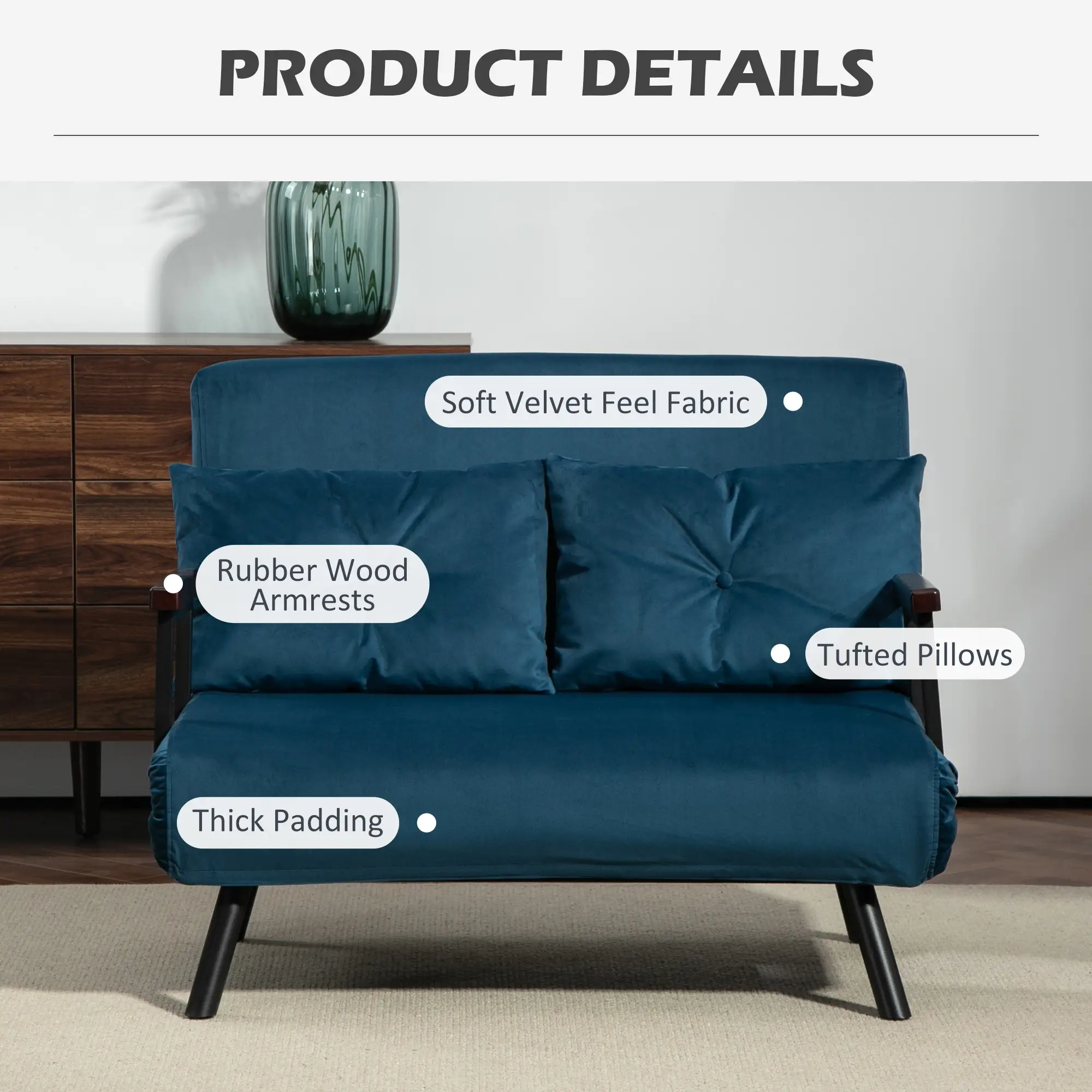 Velvet Sofa Bed 102 x 73 x 81cm - Blue - 6