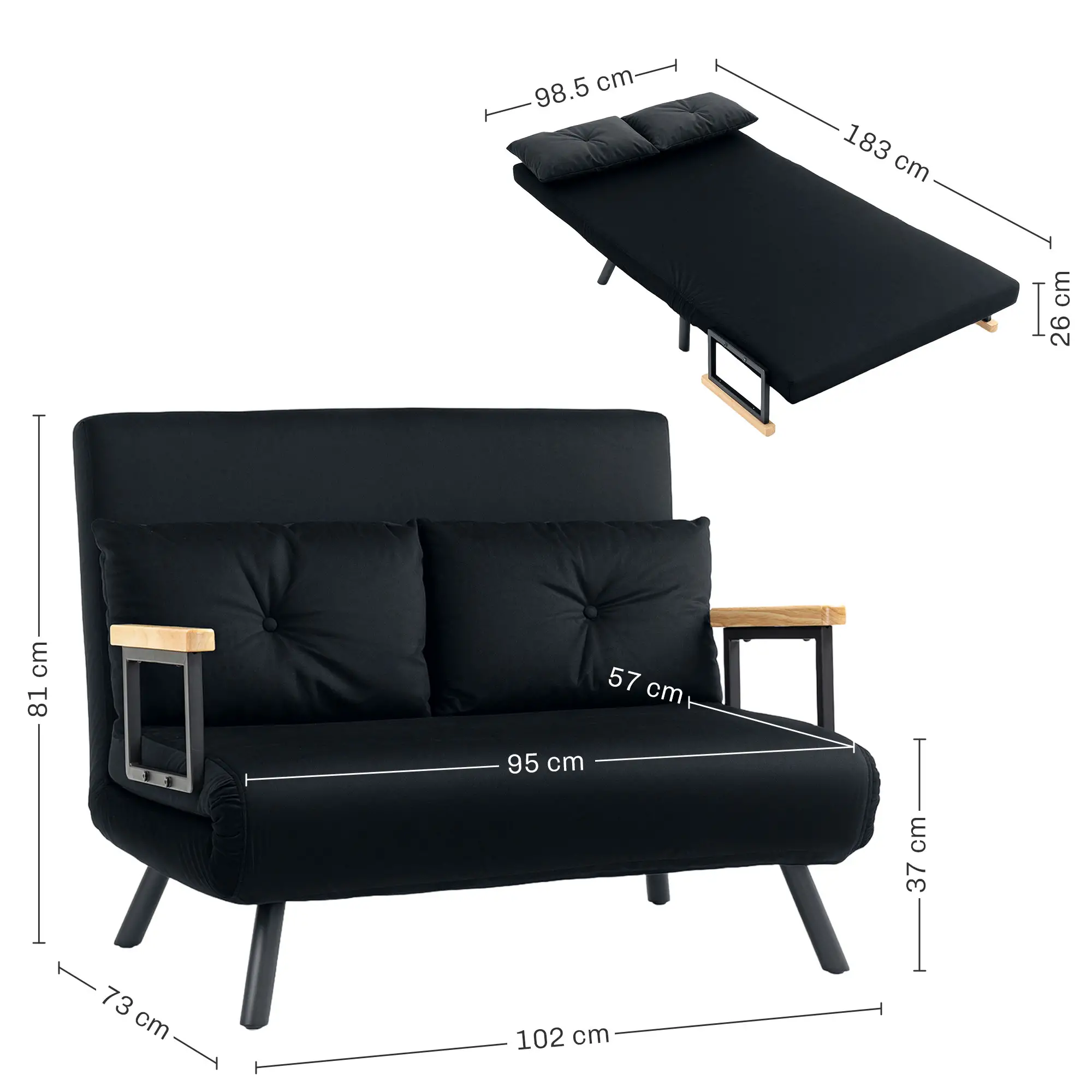 Velvet Sofa Bed 102 x 73 x 81cm - Black - 3