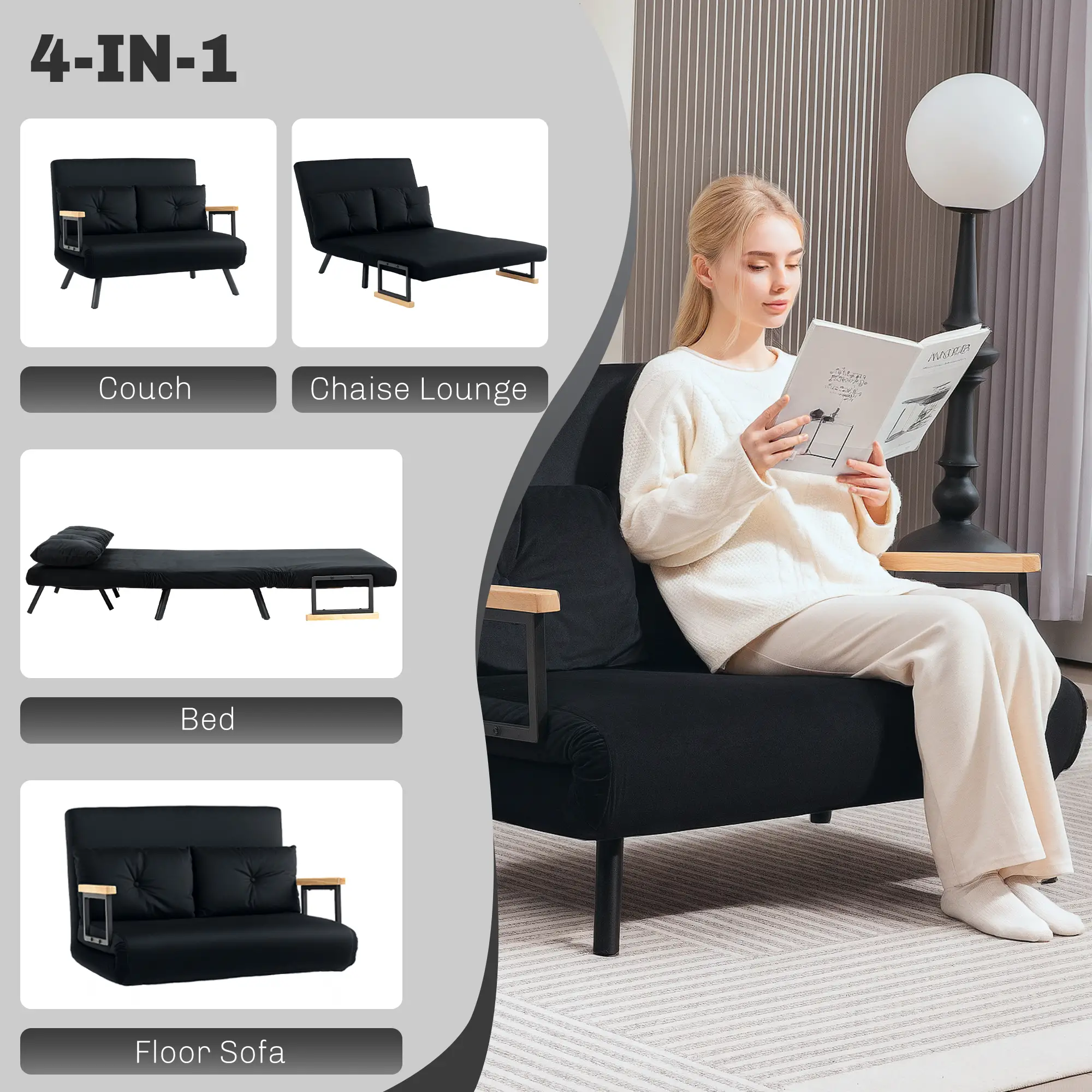 Velvet Sofa Bed 102 x 73 x 81cm - Black - 4