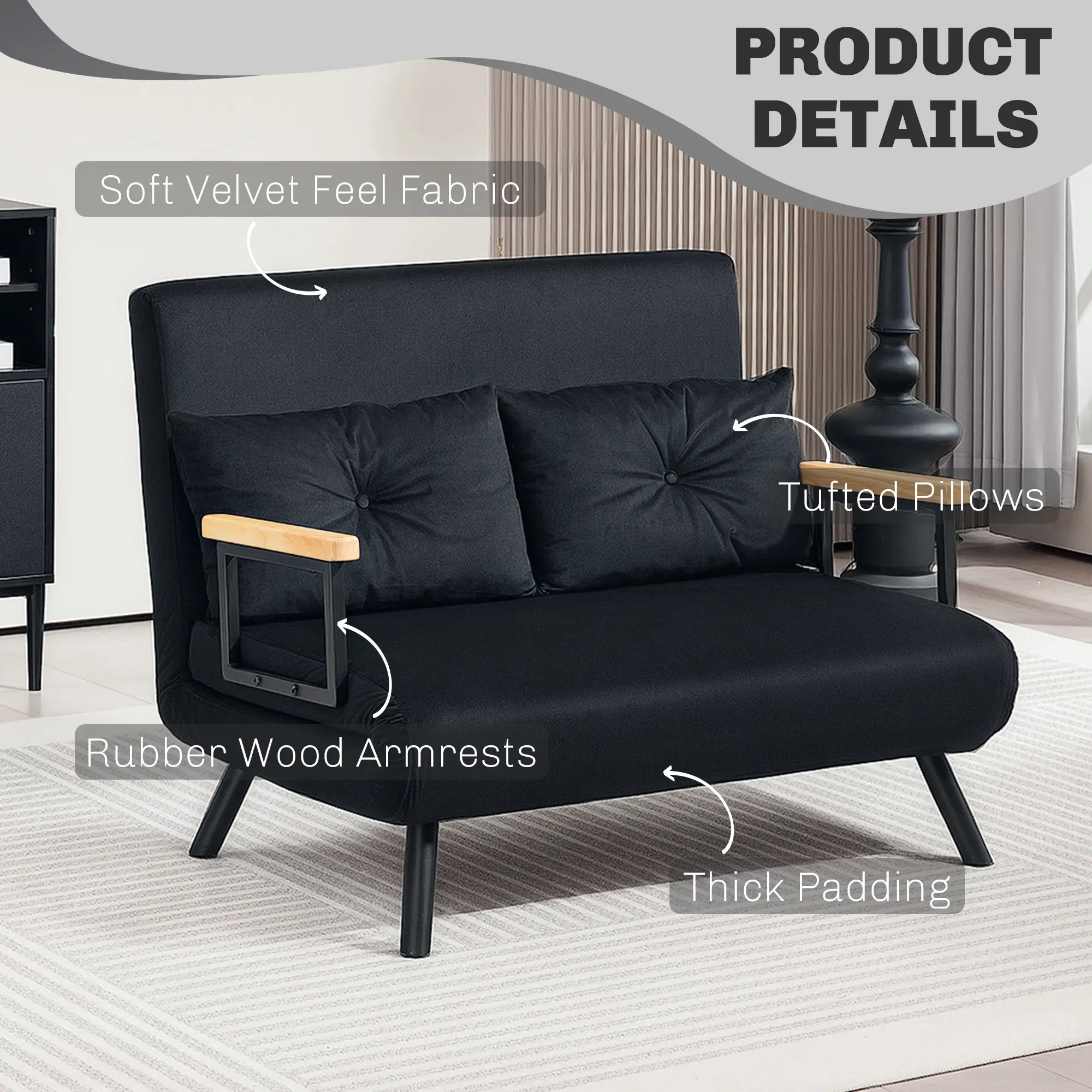 Velvet Sofa Bed 102 x 73 x 81cm - Black - 6