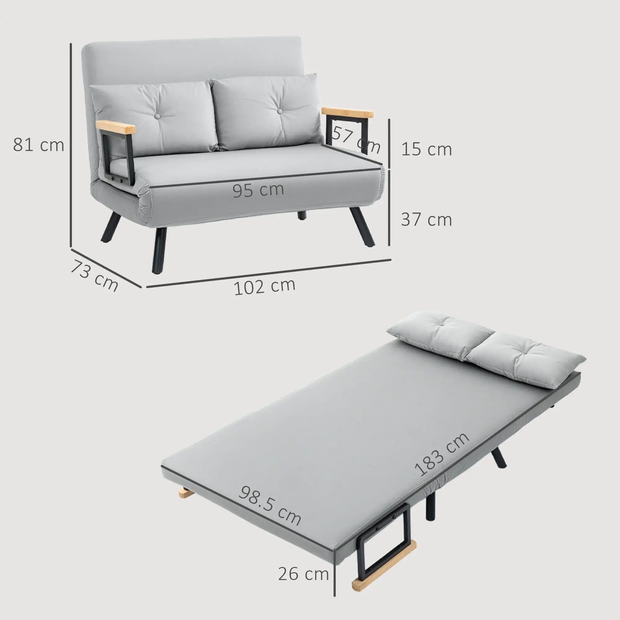 Velvet Sofa Bed 102 x 73 x 81cm - Light Grey - 3