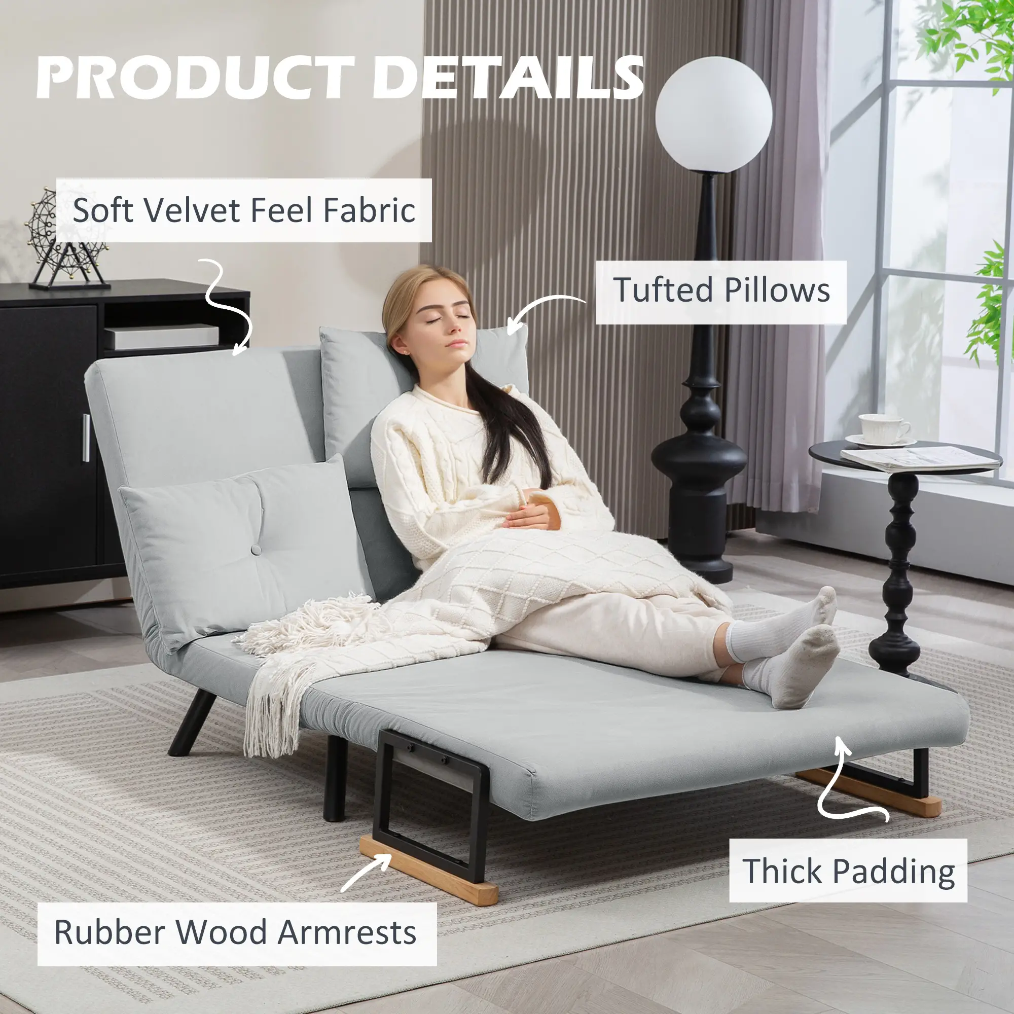 Velvet Sofa Bed 102 x 73 x 81cm - Light Grey - 6