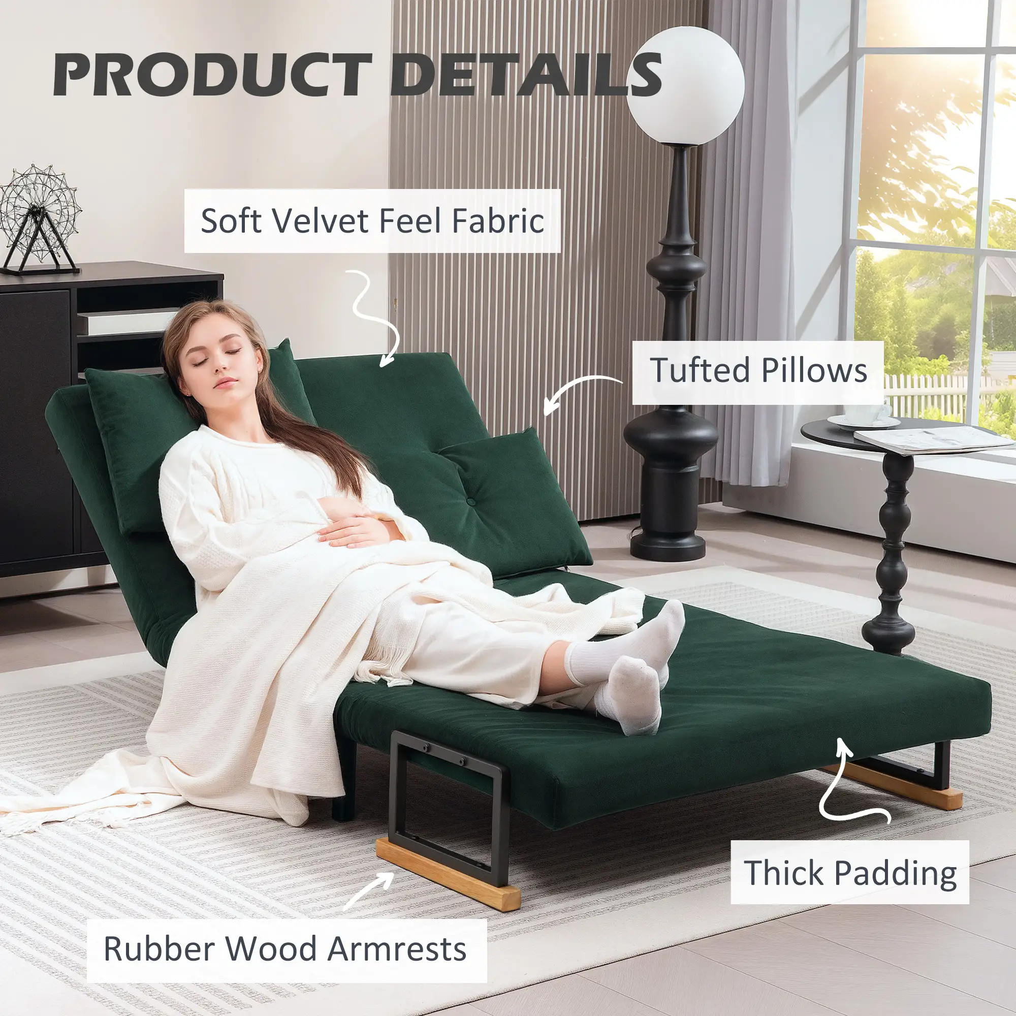 Velvet Sofa Bed 102 x 73 x 81cm - Green - 6