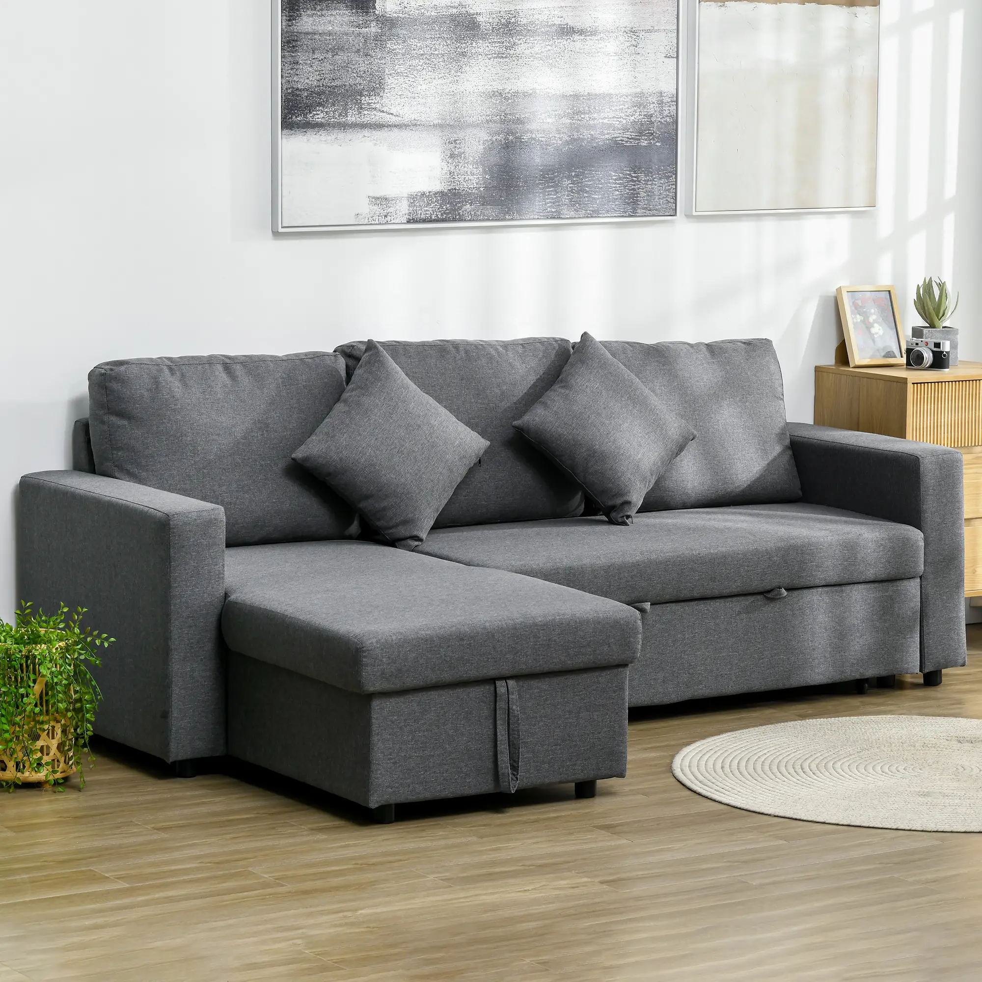 3 Seater Linen Sofa Bed 229 x 141.5 x 86cm, Dark Grey - Dark Grey - 2