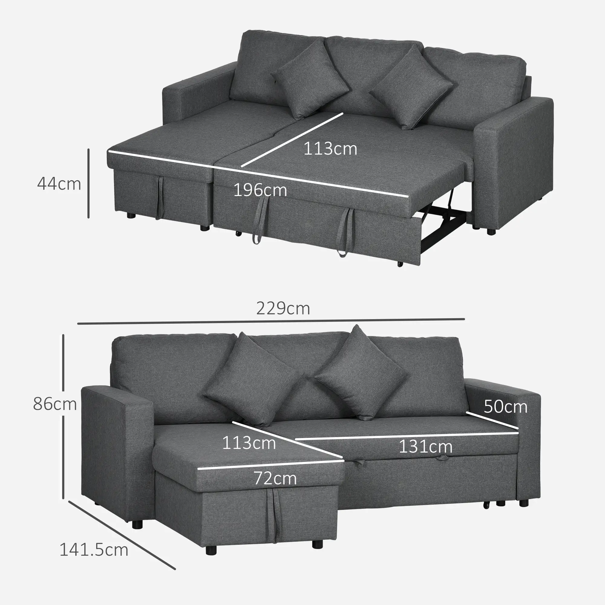 3 Seater Linen Sofa Bed 229 x 141.5 x 86cm, Dark Grey - Dark Grey - 3