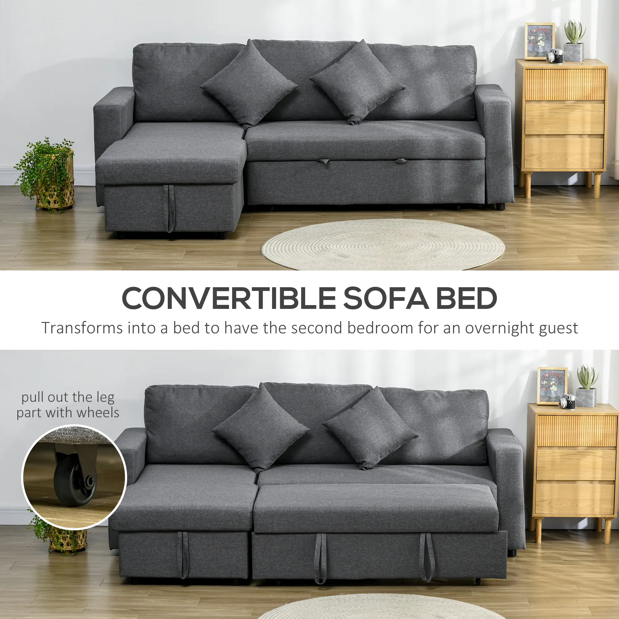 3 Seater Linen Sofa Bed 229 x 141.5 x 86cm, Dark Grey - Dark Grey - 4