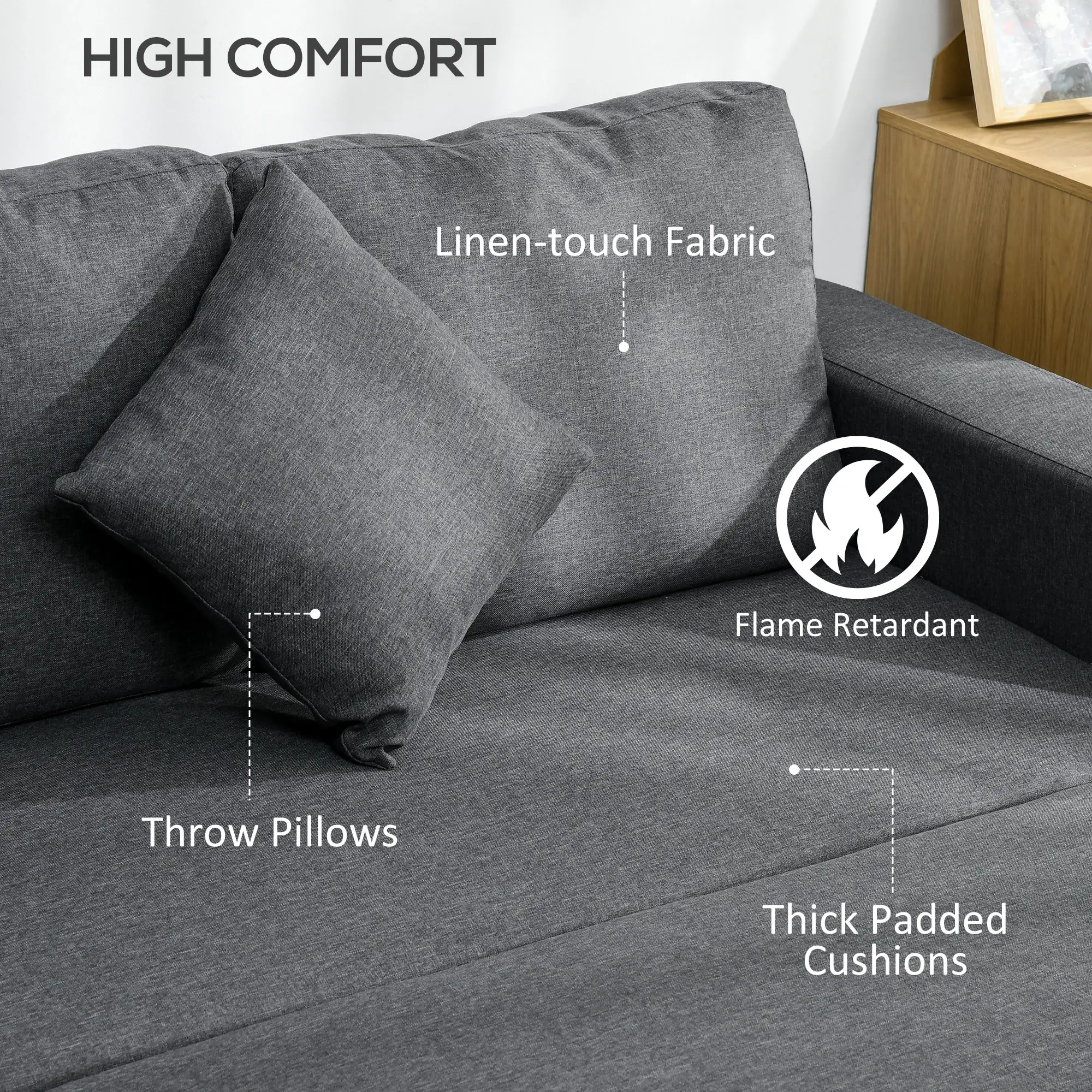 3 Seater Linen Sofa Bed 229 x 141.5 x 86cm, Dark Grey - Dark Grey - 5