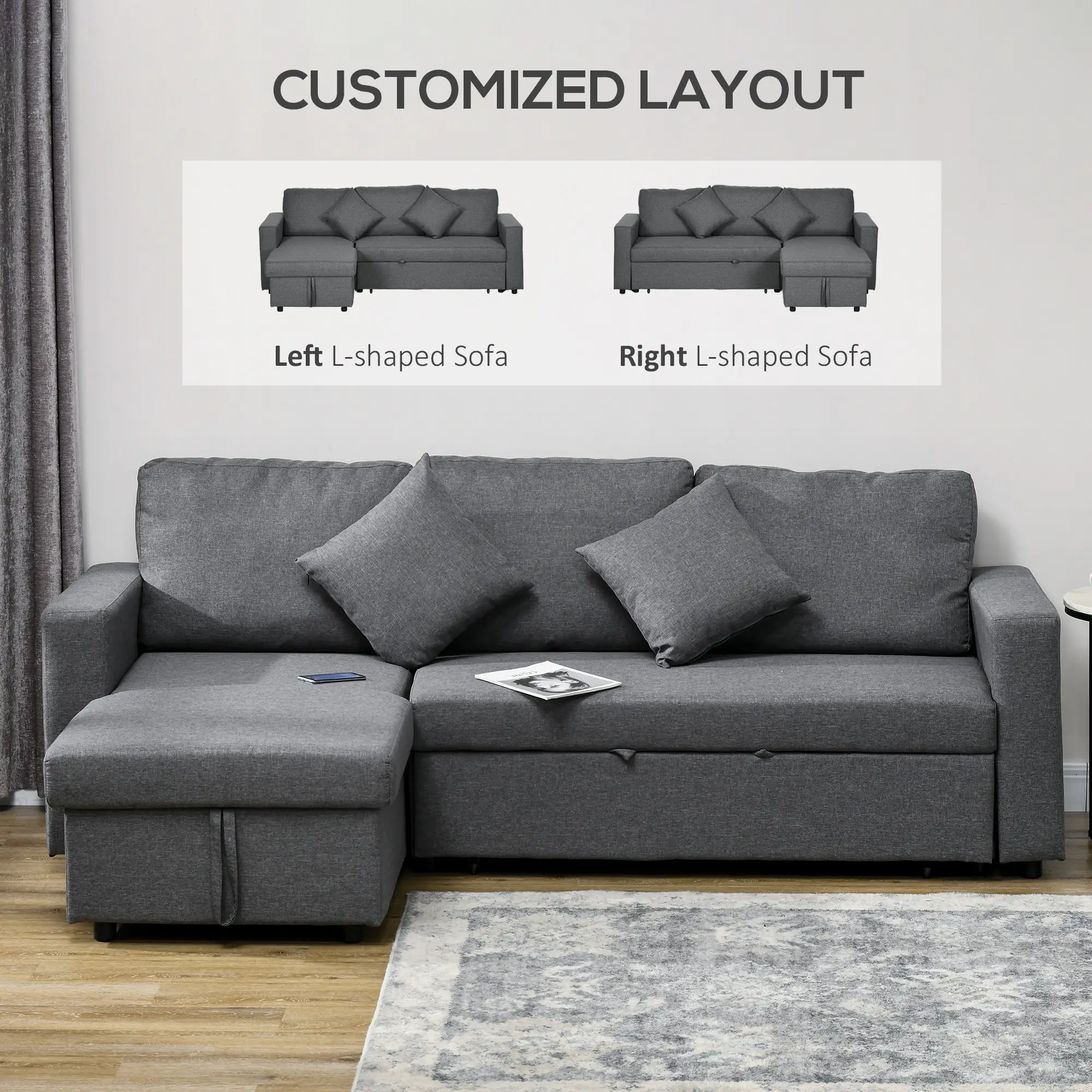 3 Seater Linen Sofa Bed 229 x 141.5 x 86cm, Dark Grey - Dark Grey - 6