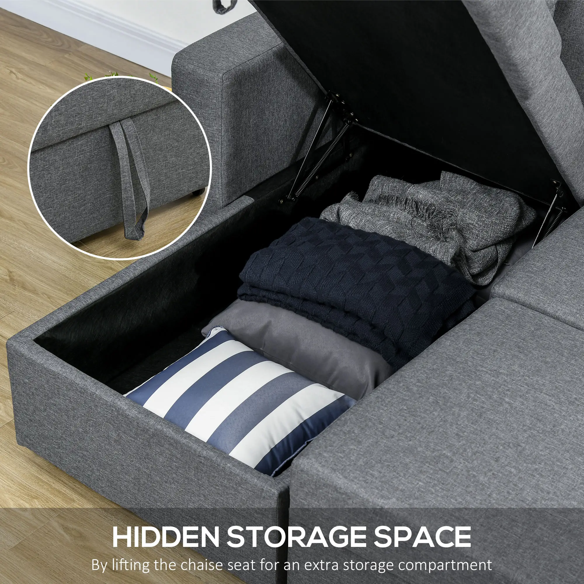 3 Seater Linen Sofa Bed 229 x 141.5 x 86cm, Dark Grey - Dark Grey - 7