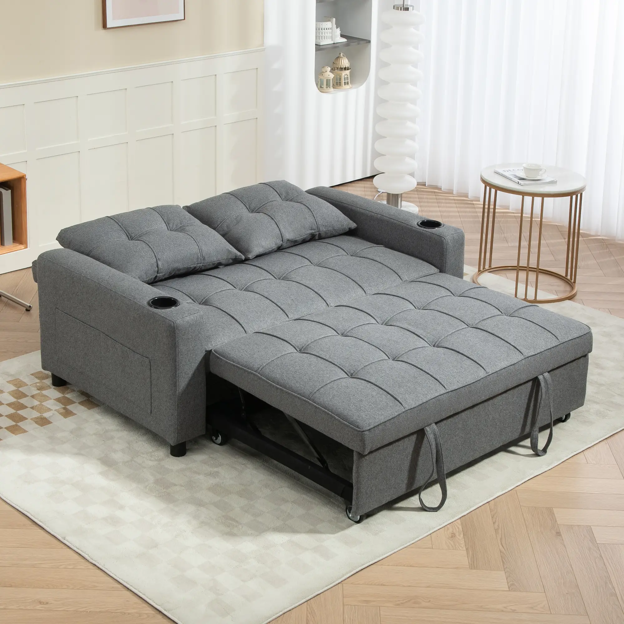 2 Seater Linen Sofa Bed 157 x 90 x 91cm, Charcoal Grey - Charcoal Grey - 2