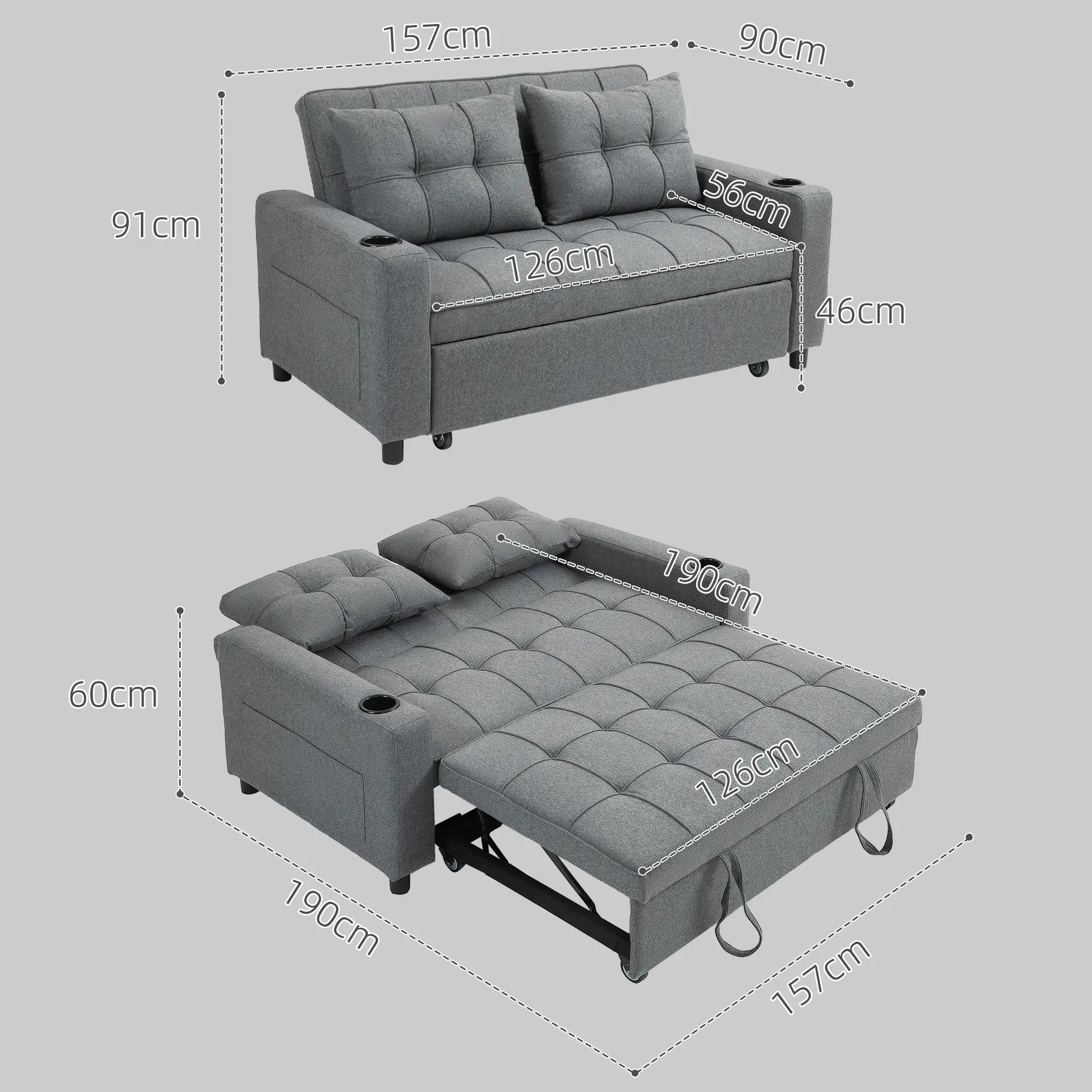 2 Seater Linen Sofa Bed 157 x 90 x 91cm, Charcoal Grey - Charcoal Grey - 3