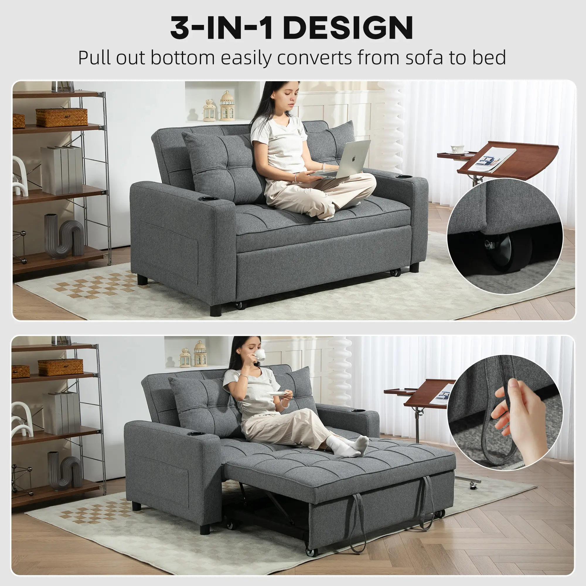 2 Seater Linen Sofa Bed 157 x 90 x 91cm, Charcoal Grey - Charcoal Grey - 4