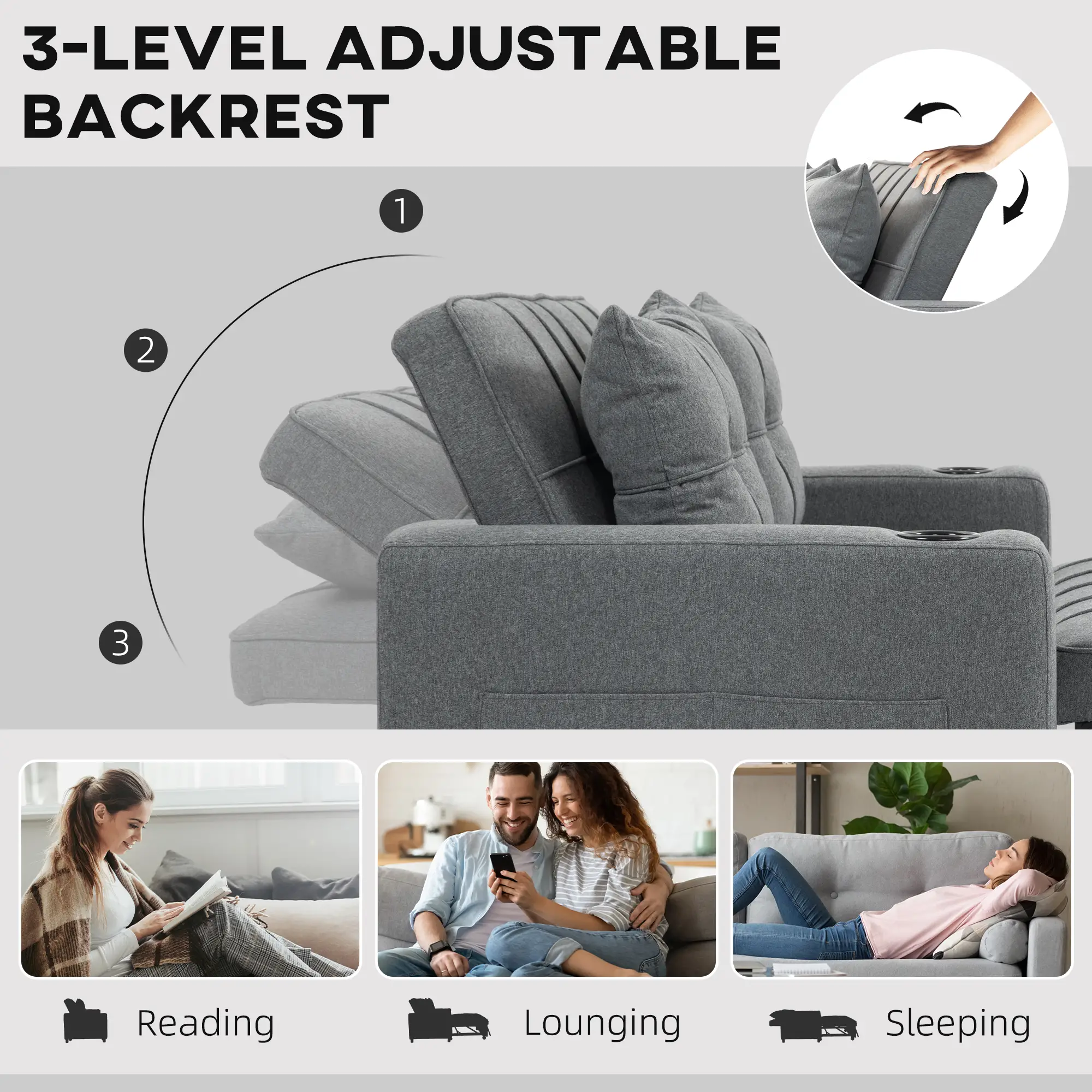 2 Seater Linen Sofa Bed 157 x 90 x 91cm, Charcoal Grey - Charcoal Grey - 5