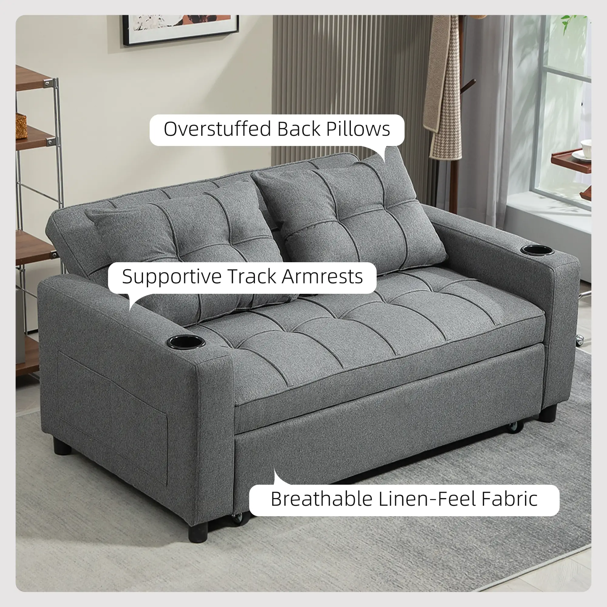 2 Seater Linen Sofa Bed 157 x 90 x 91cm, Charcoal Grey - Charcoal Grey - 6