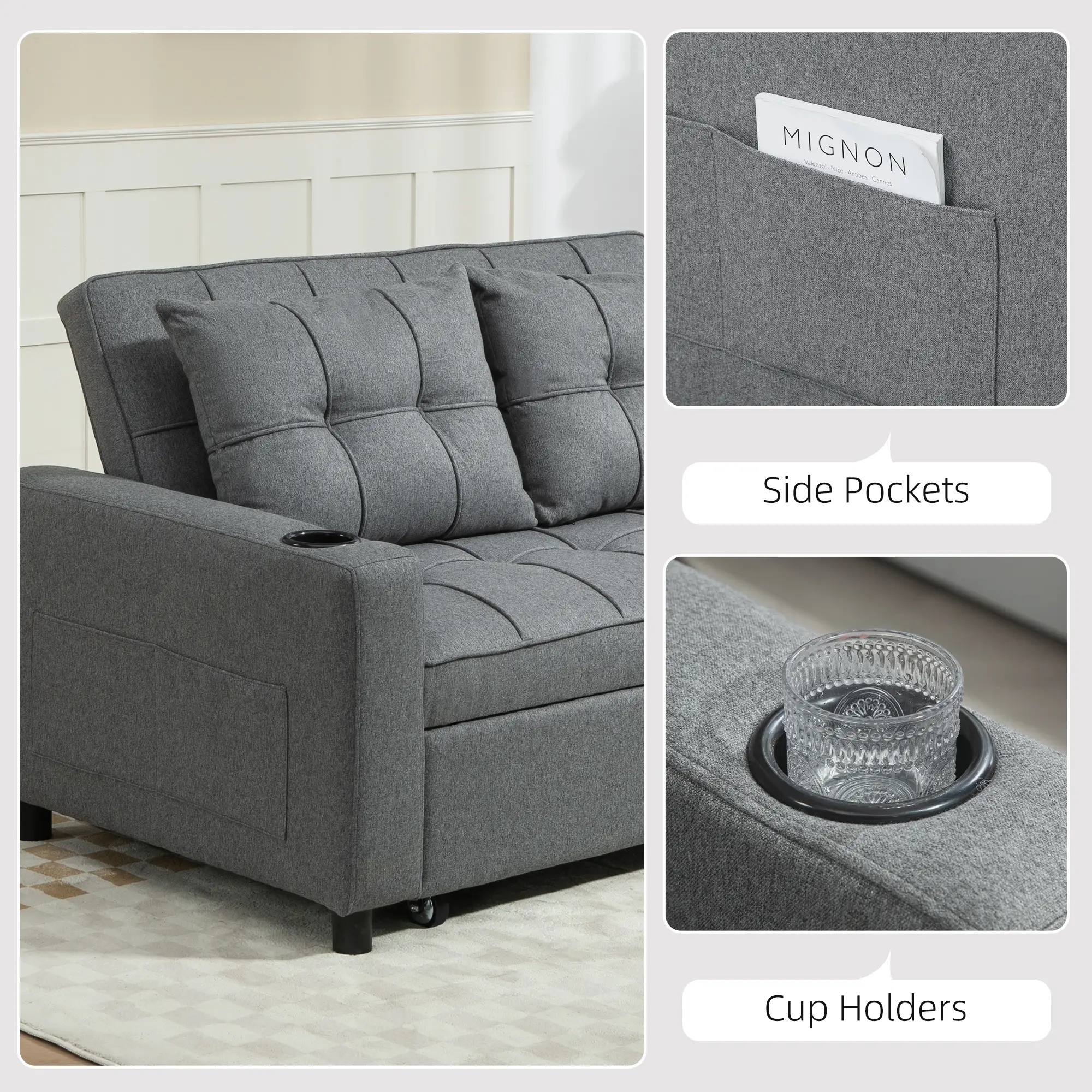 2 Seater Linen Sofa Bed 157 x 90 x 91cm, Charcoal Grey - Charcoal Grey - 7