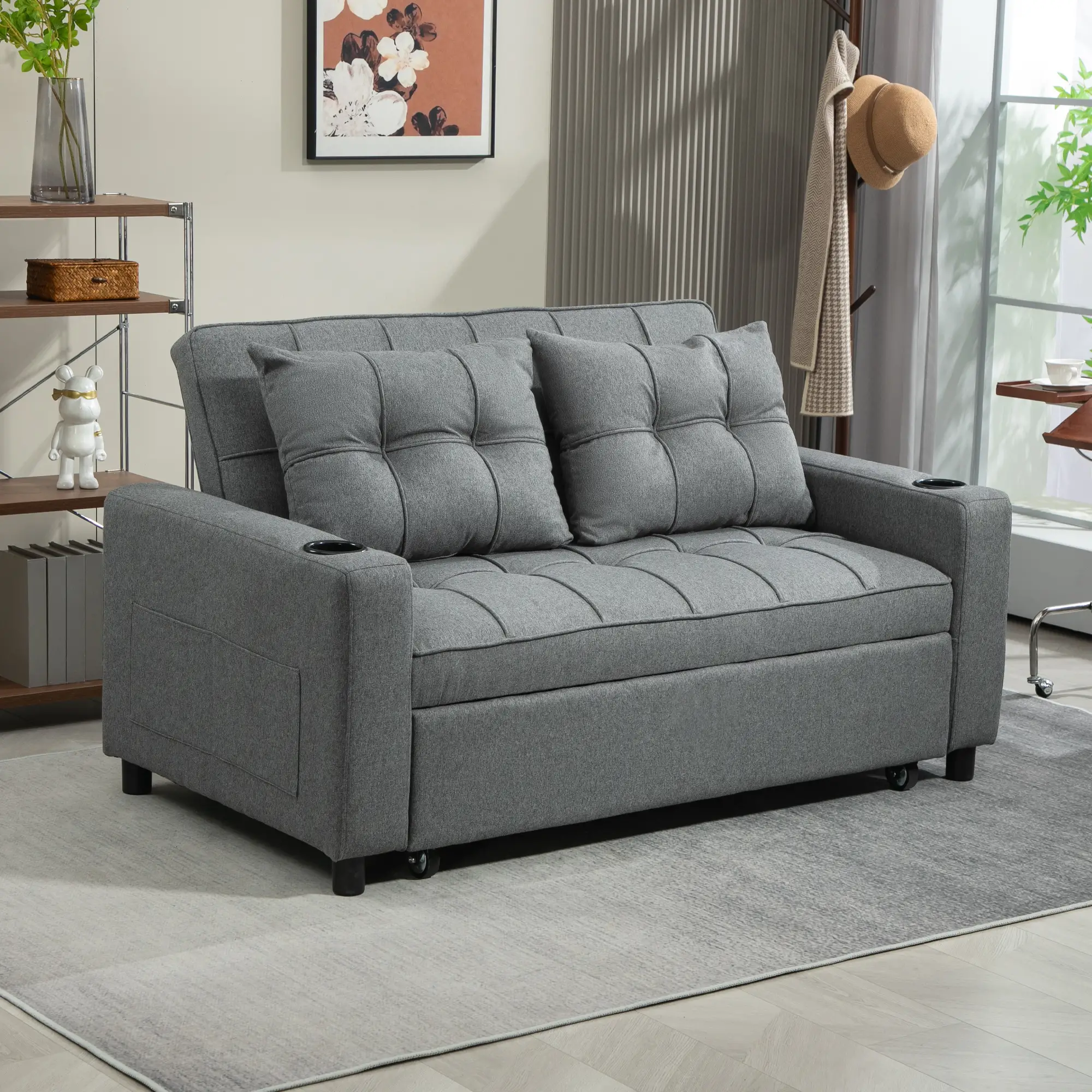 2 Seater Linen Sofa Bed 157 x 90 x 91cm, Charcoal Grey - Charcoal Grey - 8