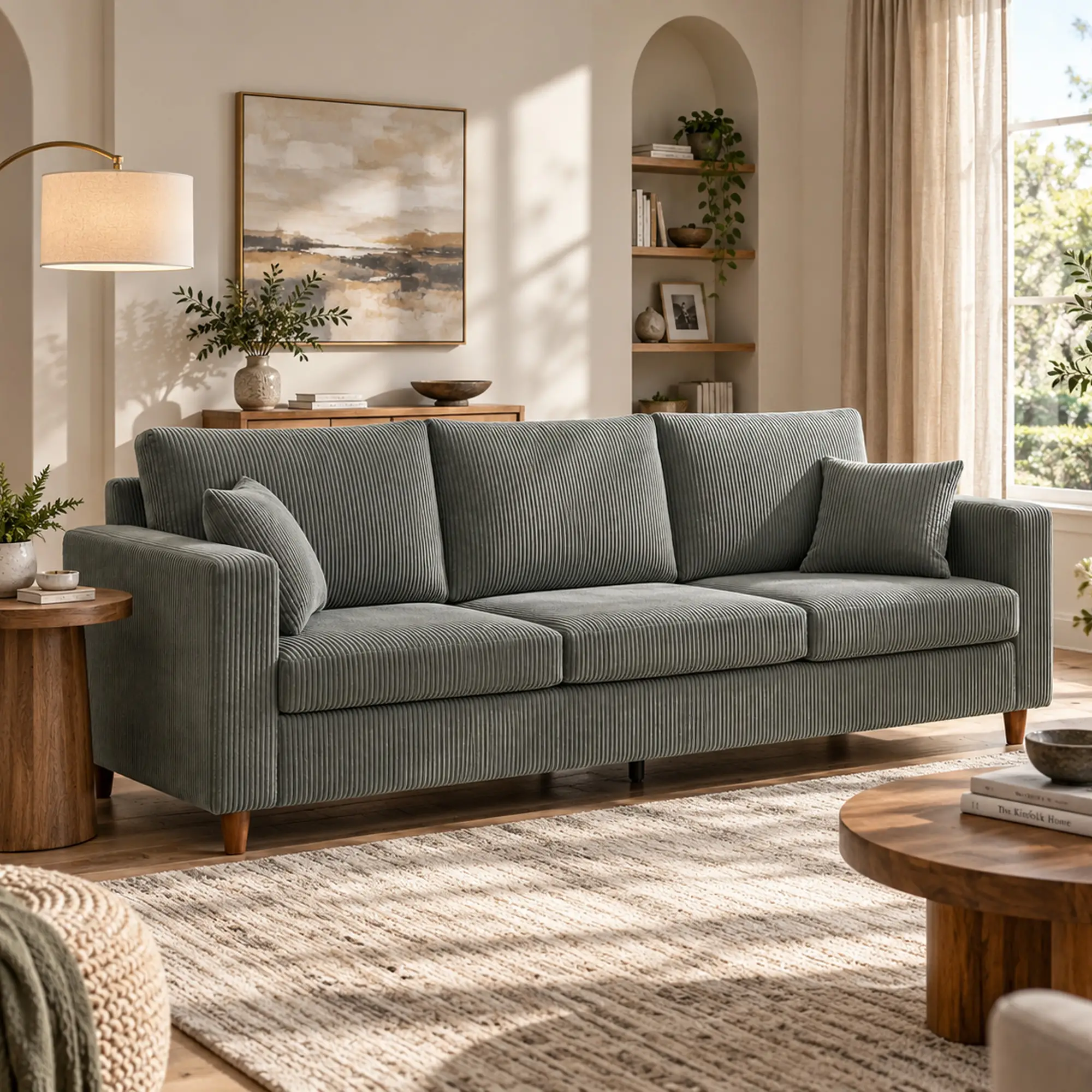 3 Seater Corduroy Sofa 225 x 80 x 79cm, Light Grey, Black - Light Grey, Black - 2