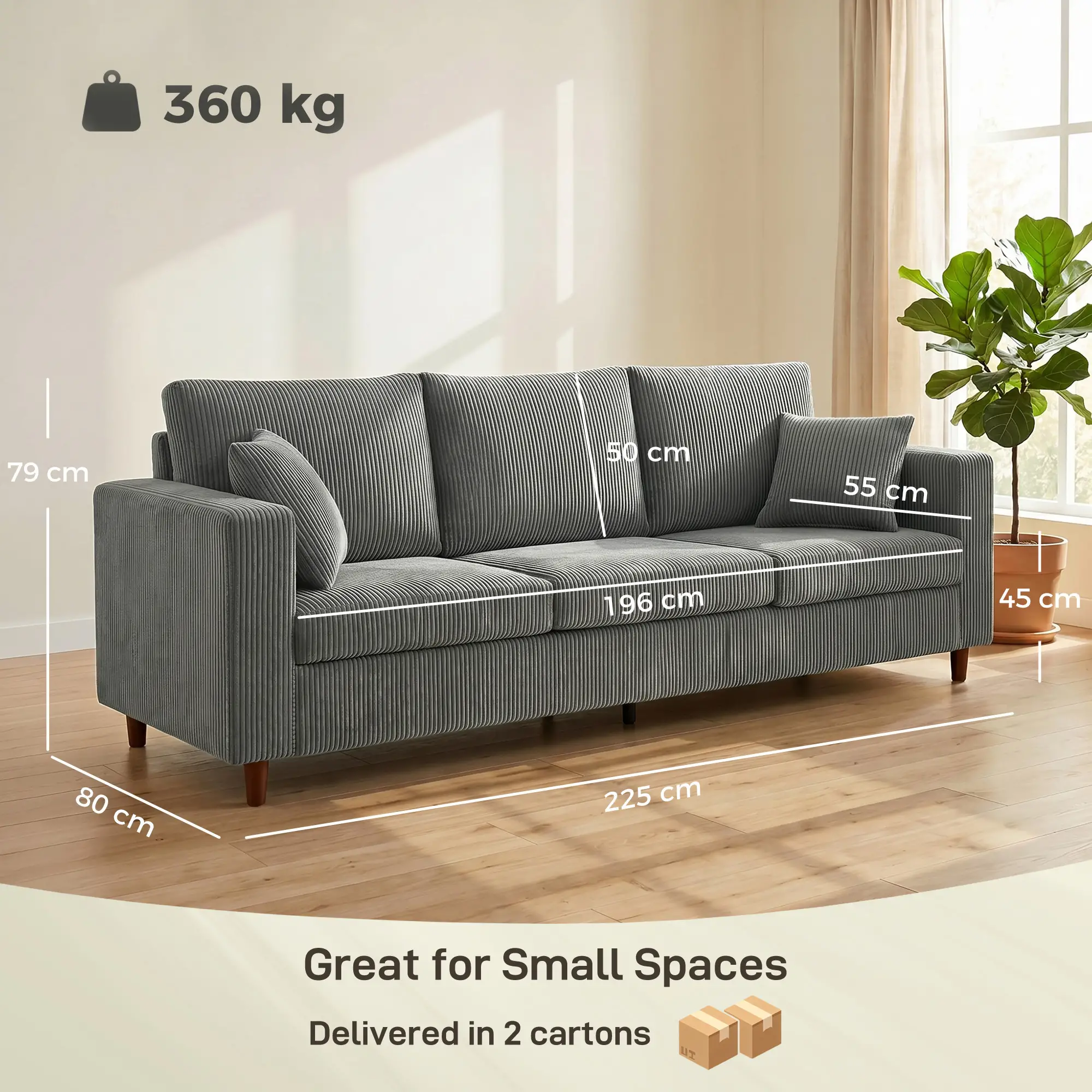 3 Seater Corduroy Sofa 225 x 80 x 79cm, Light Grey, Black - Light Grey, Black - 3